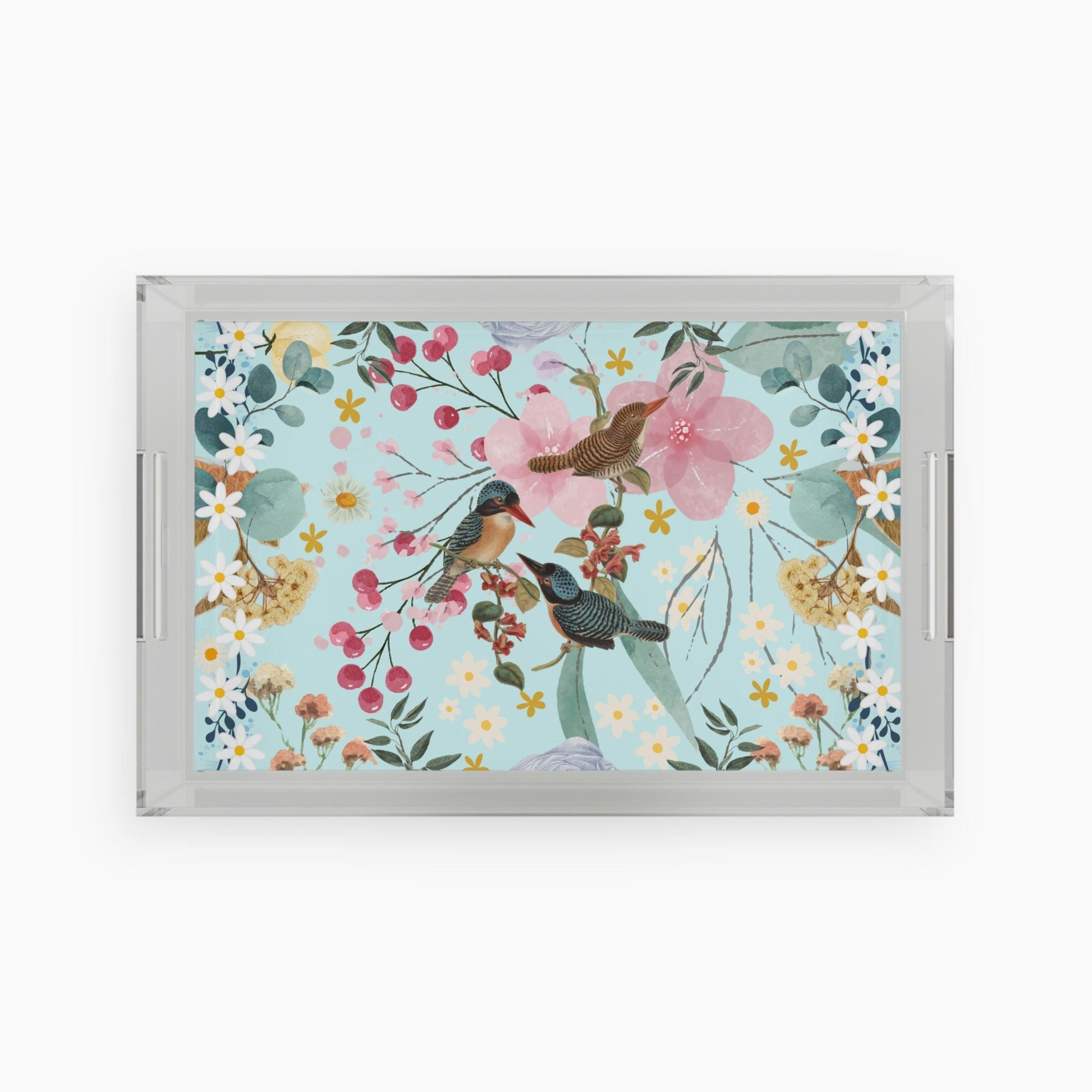 Sky Blue Chinoiserie Floral and Birds Acrylic Serving Tray
