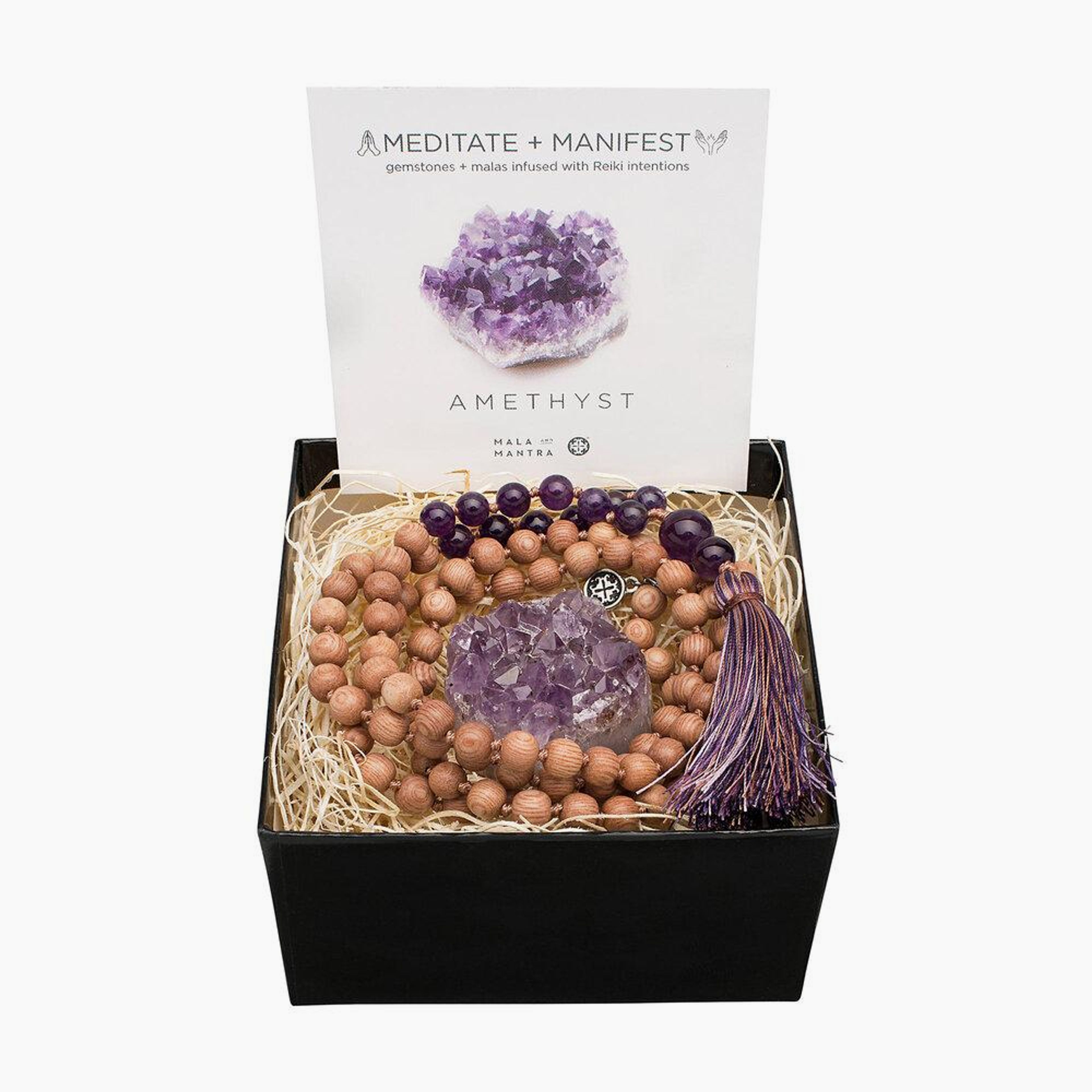 SERENITY: Gemstone Gift Set: Amethyst + Rosewood Namaste Mala with Gemstone