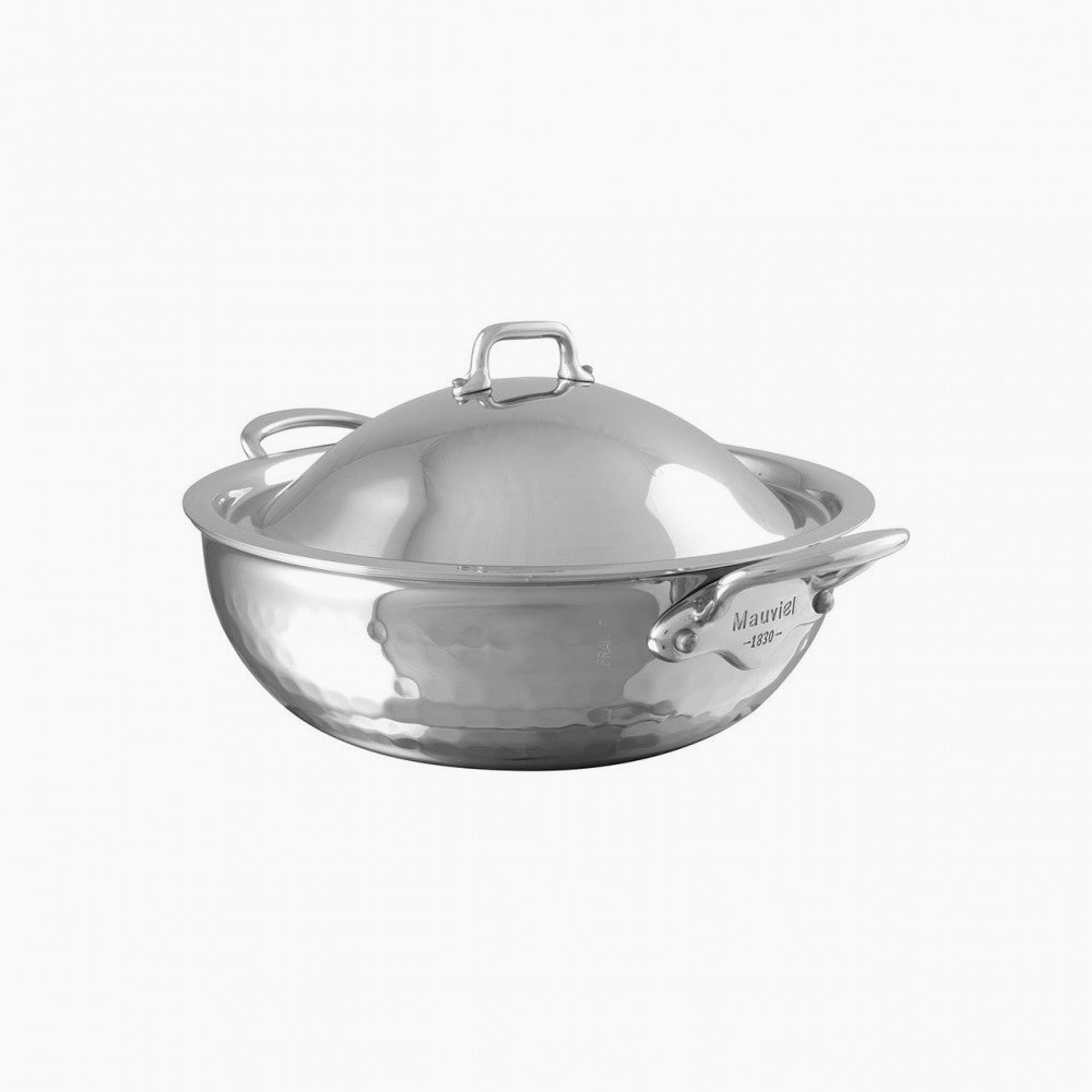 Mauviel M'ELITE Hammered 5-Ply Splayed Saute Pan With Dome Lid, Cast Stainless Steel Handles, 3.3-Qt