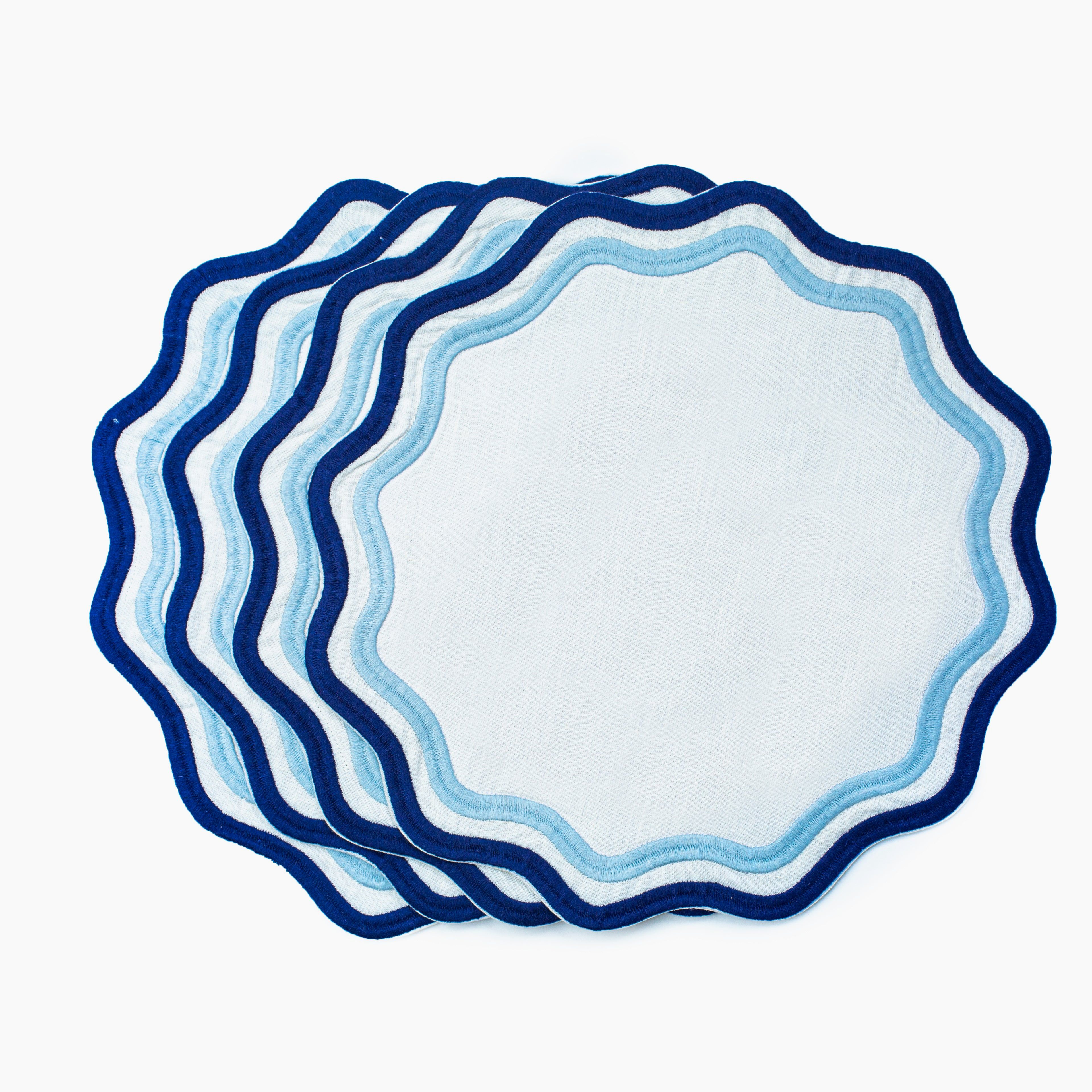Colorblock Embroidered Linen Placemats in Blue (Set of 4)