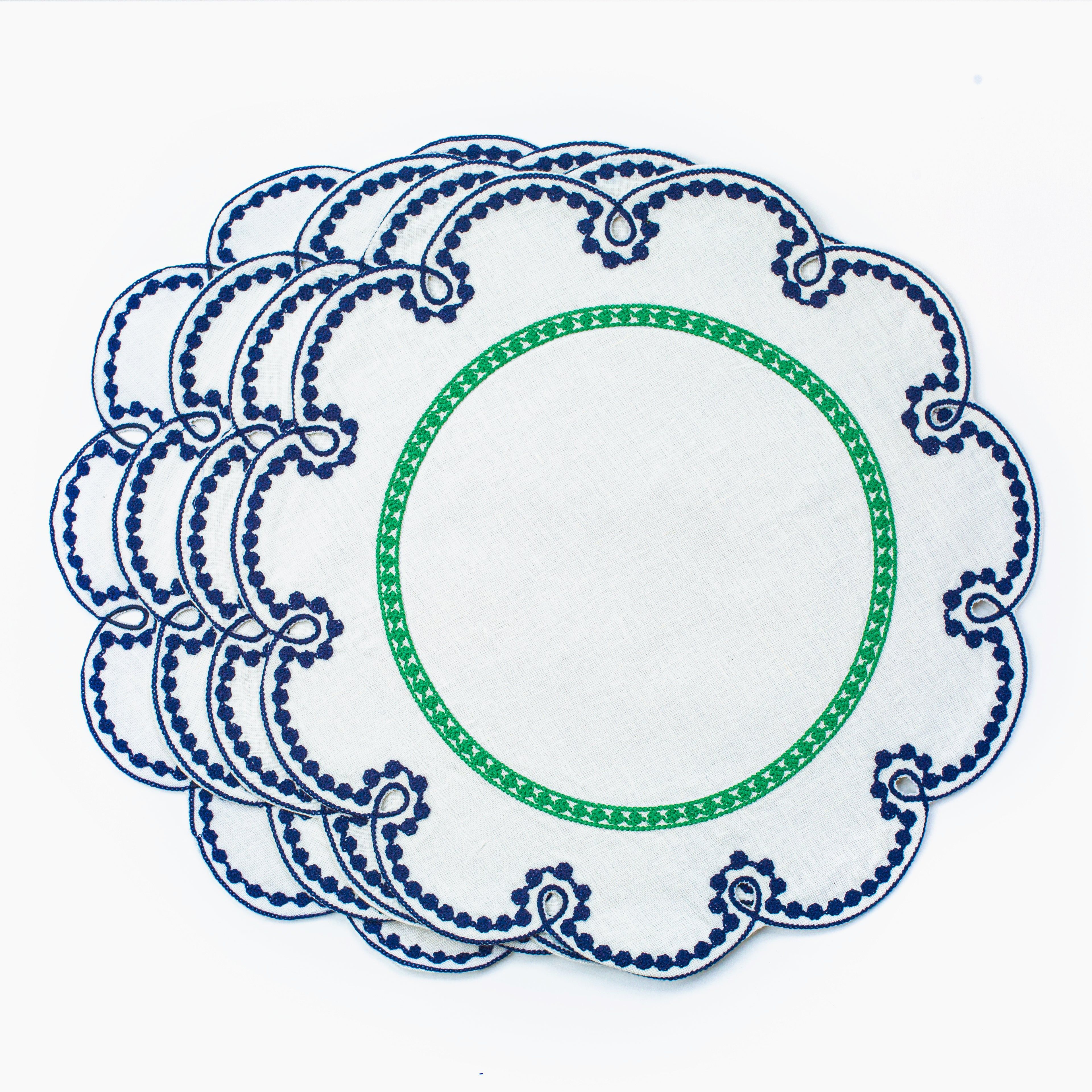 Fête Embroidered Linen Placemats in Blue/Green (Set of 4)