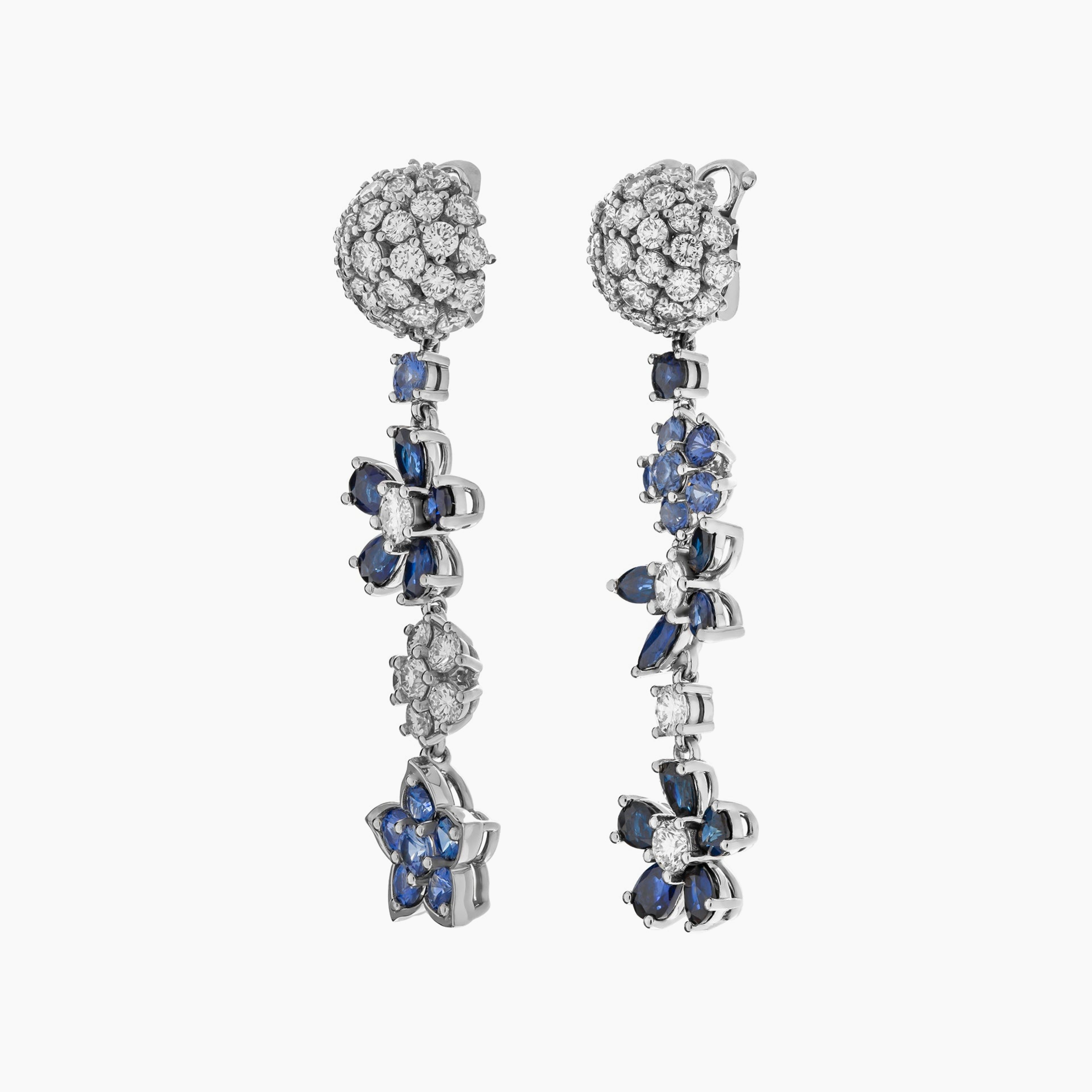 Diamond, Sapphire Drop Earrings in 18K White Gold