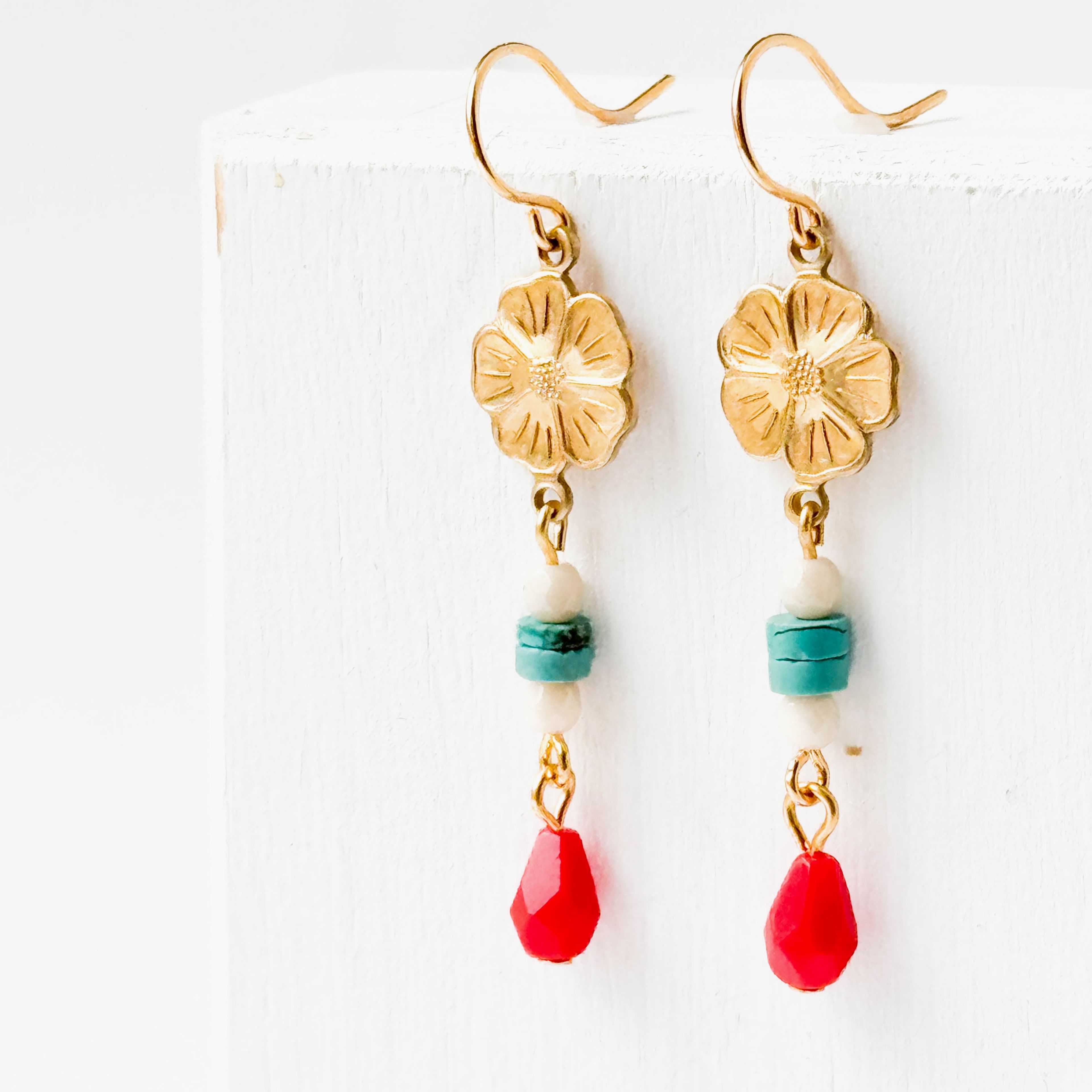 Long Flower Earrings with Turquoise Stones and Red Beads