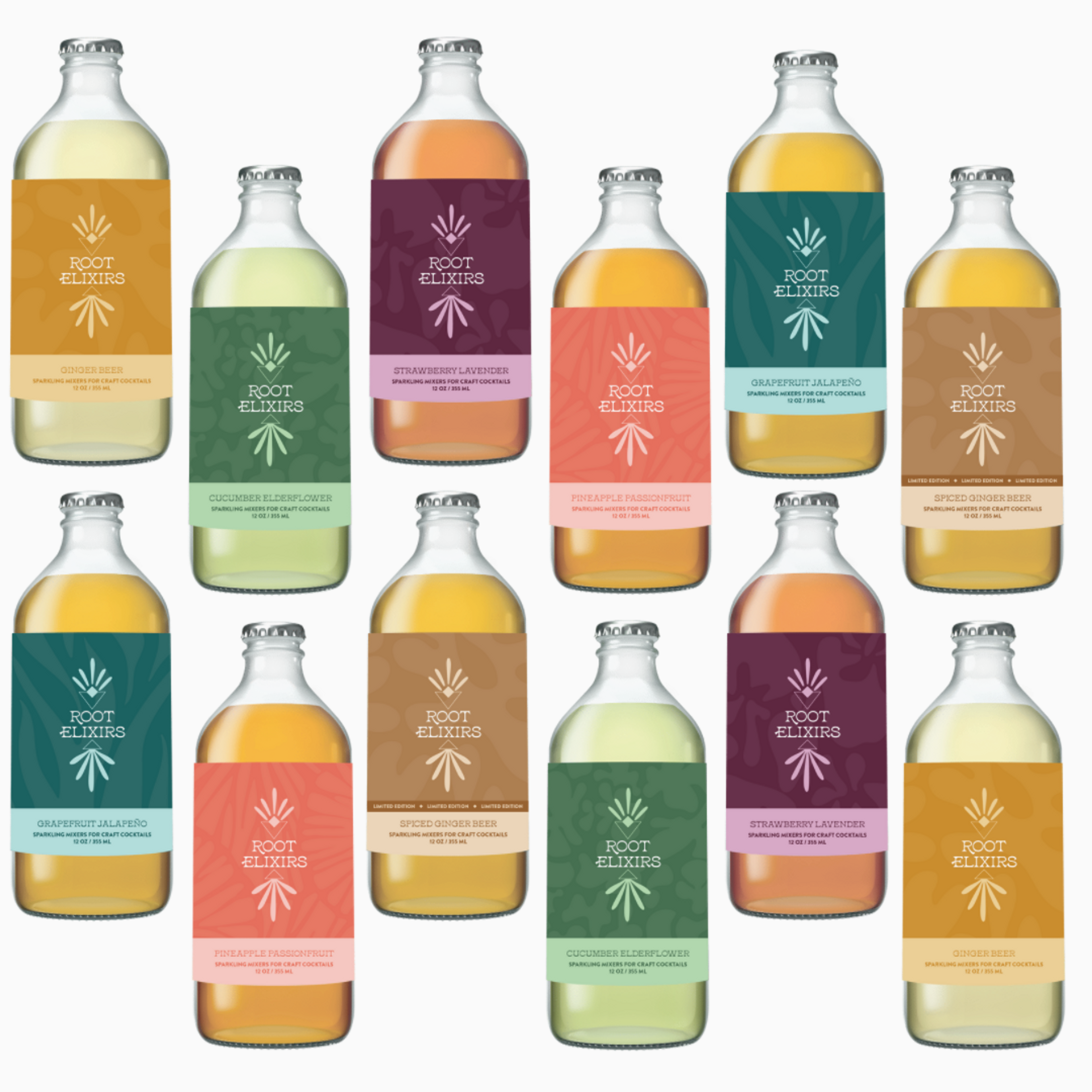 Root Elixirs Mix & Match 12 pack Bottles | Root Elixirs Sparkling Premium Cocktail Mixers 12 Bottles 12 oz