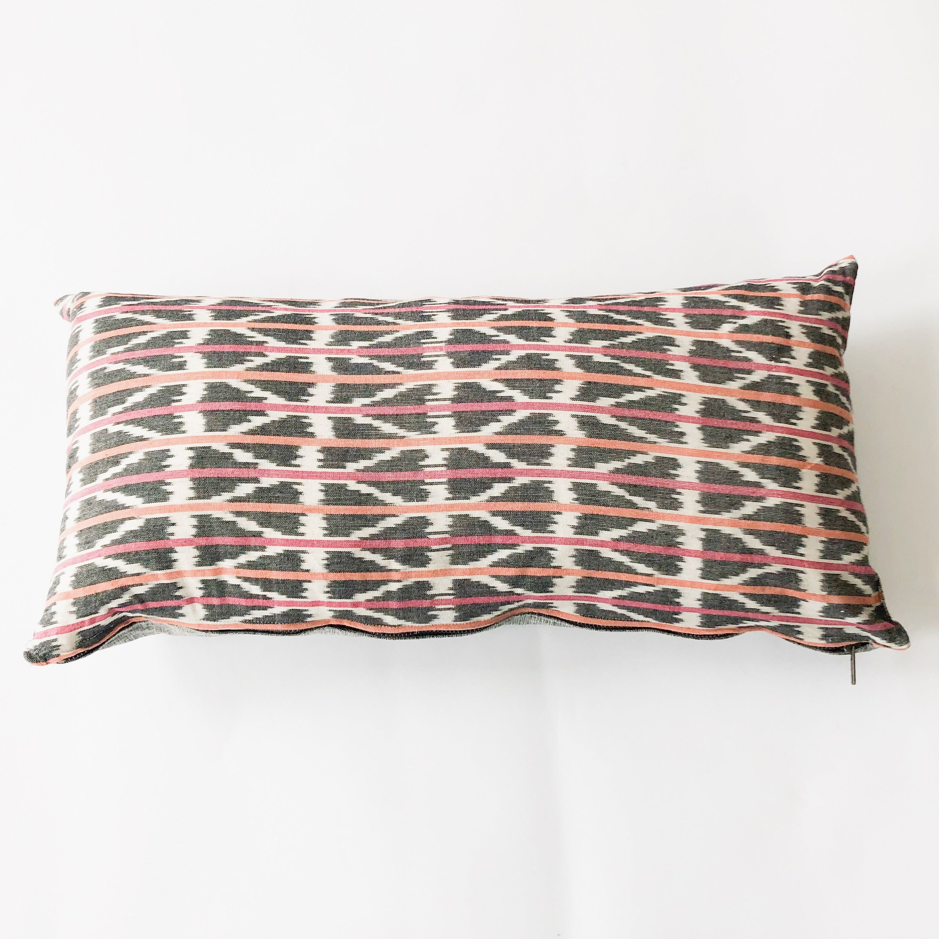 Orange Pink Triangle Stripe Woven Ikat Lumbar Pillow 12 x 24