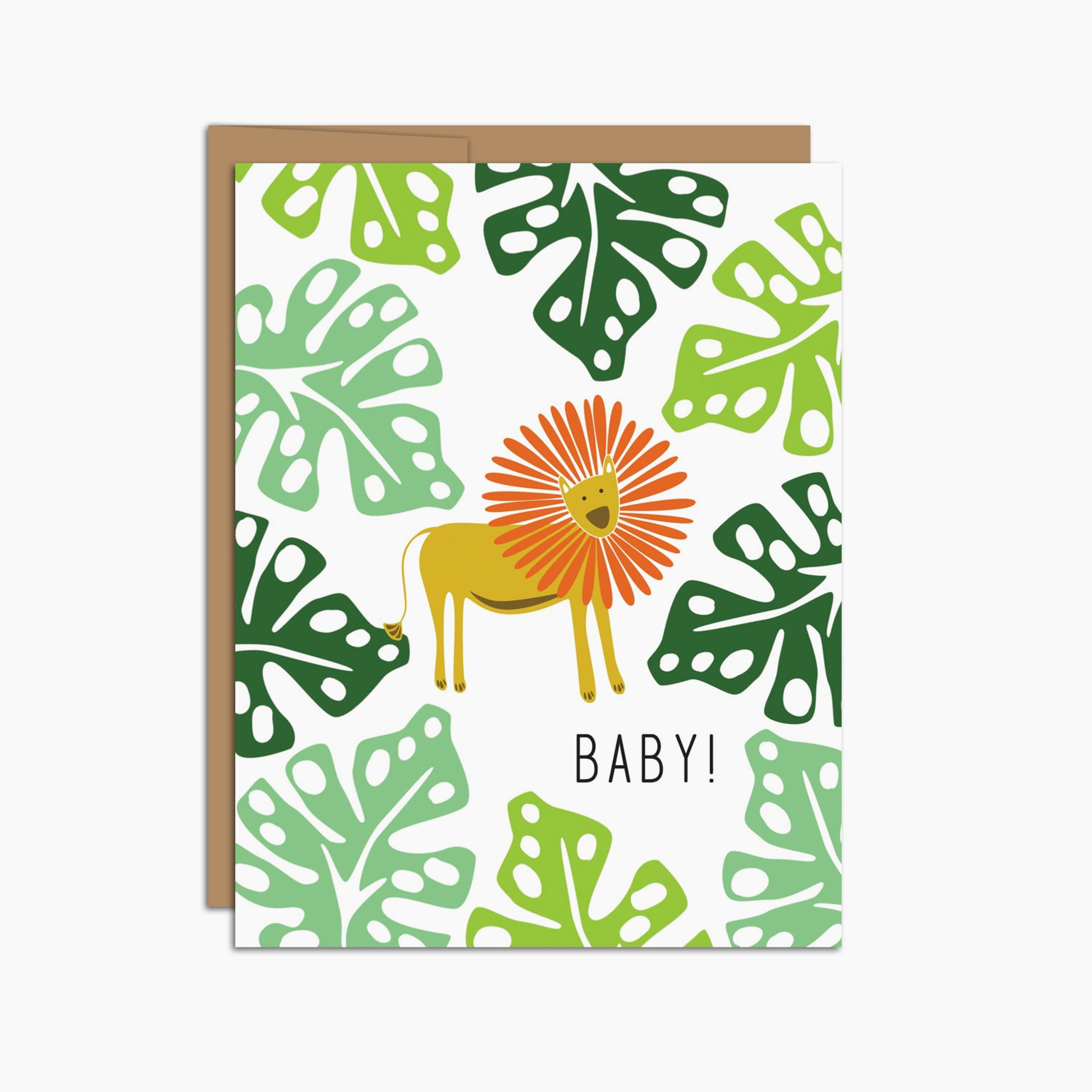 "Baby!" with Jungle Leaves + Lion Greeting Card