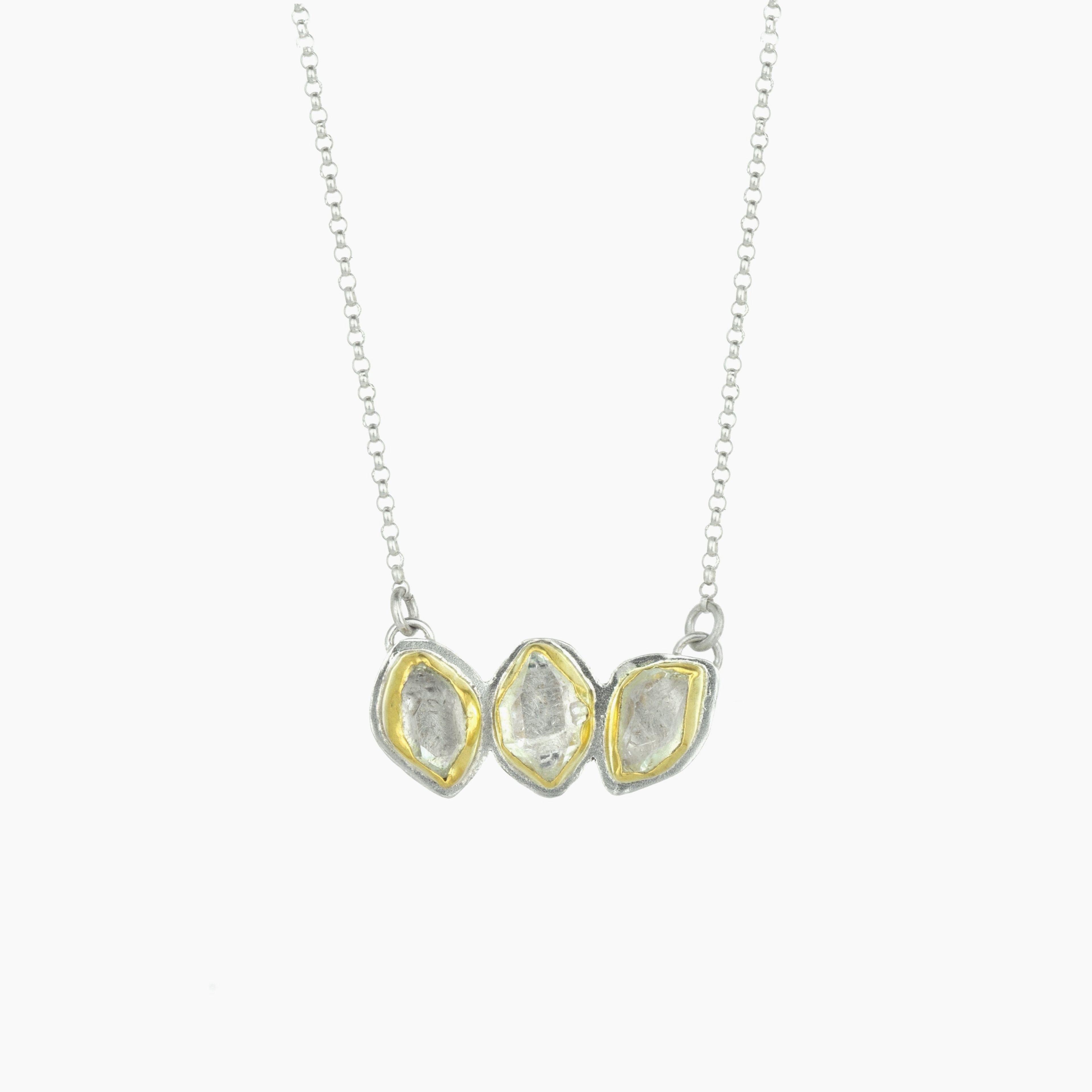 Herkimer Diamond + 22k Gold 3 Stone Glacier Necklace