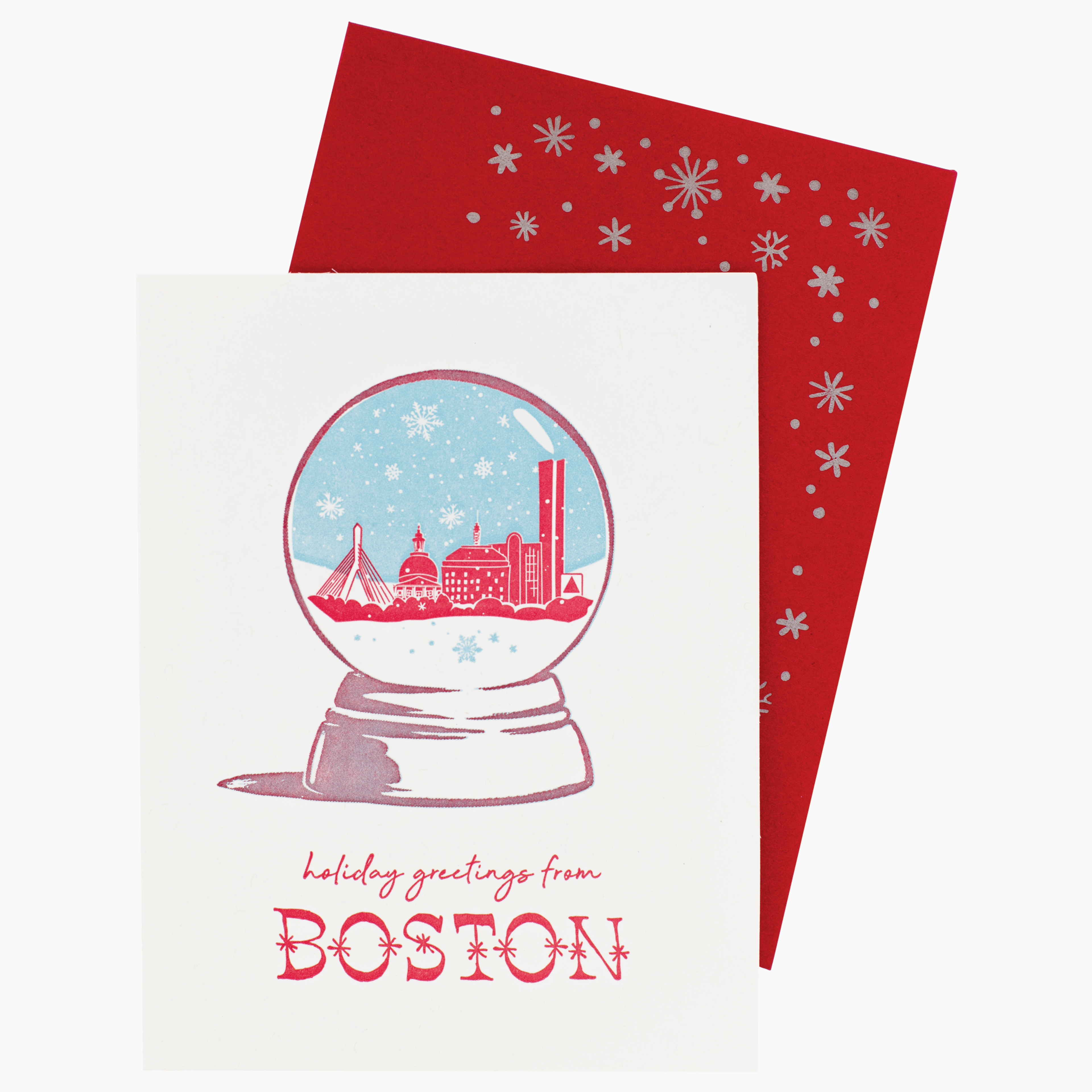 Boston, MA Snow Globe Holiday Card with Printed Envelope