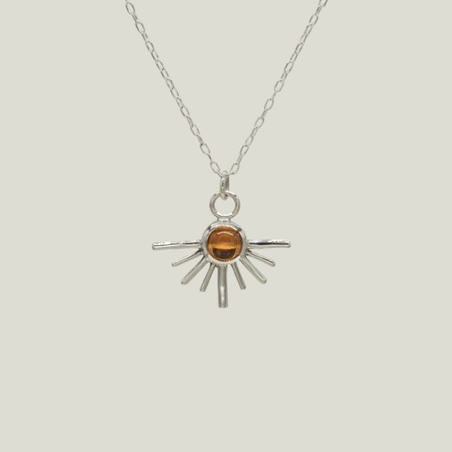 Citrine Gemstone Sun Charm Necklace, Silver - Solecito