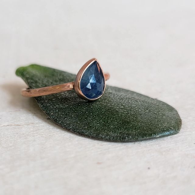 Tilted Teardrop Blue Rose Cut Sapphire Ring in Rose Gold