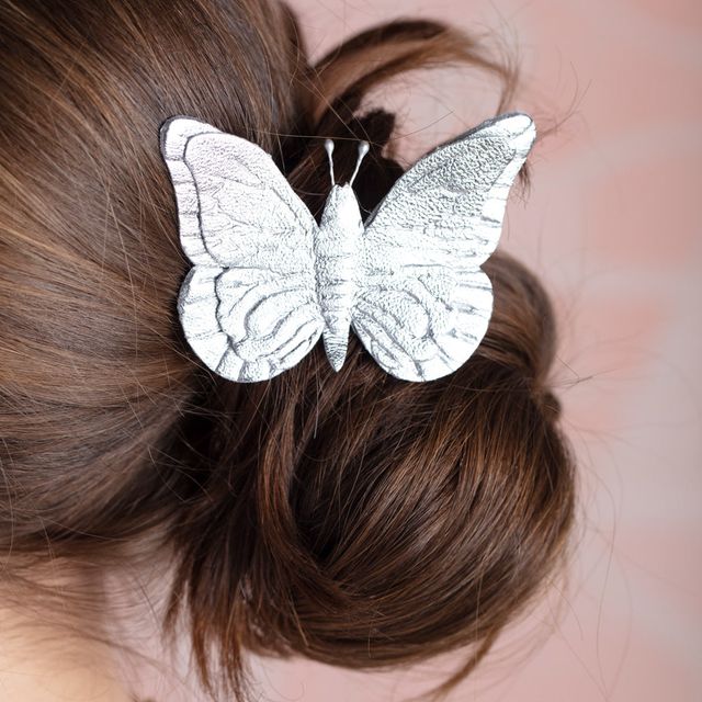 The Pink Reef Silver Leather Butterfly French Clip Hair Barrette