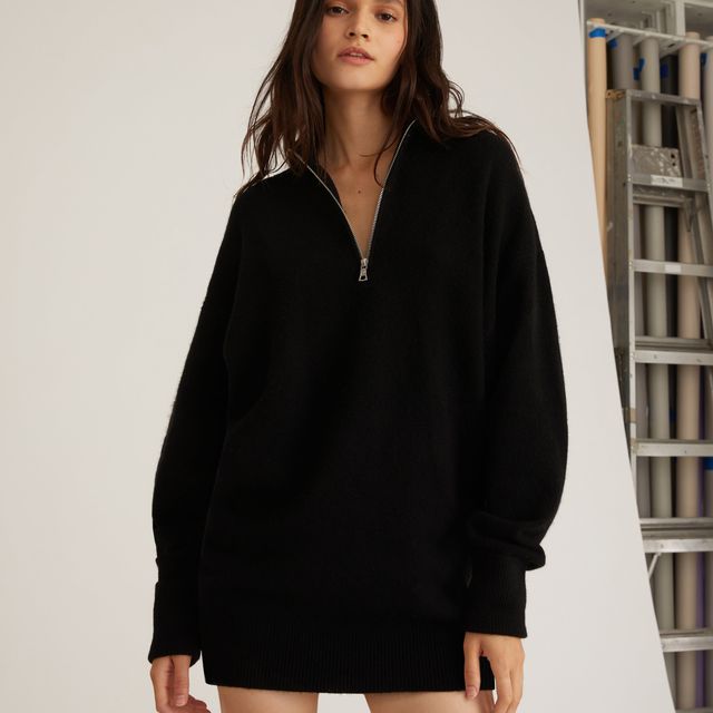 Wesley Slouchy Zip Front Cashmere Blend Sweater Dress in Black