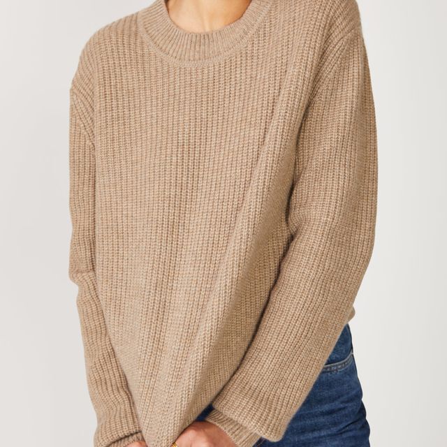 Ribbed Cashmere Tall Collar Sweater in Camel