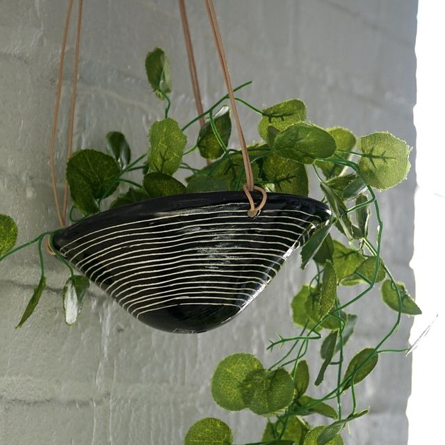 Black & White Glazed Mini Hanging Planter w/ "Horizon line" Design - Small Hanging Pot with Carved Design - Propagating, Starter Pot, Air Plant Pot