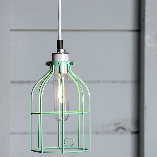 Industrial Pendant Lighting - Mint Green Wire Cage Light
