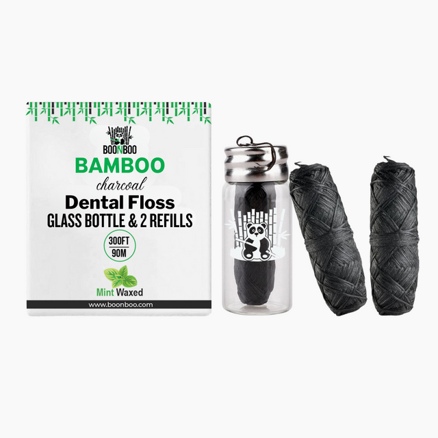 BOONBOO Dental Floss | Refillable Glass Bottle + 3 Threads | Total 300FT/90M | Bamboo Charcoal Woven Fiber & Vegan Waxed | Teeth Flosser Dispenser with Threaders