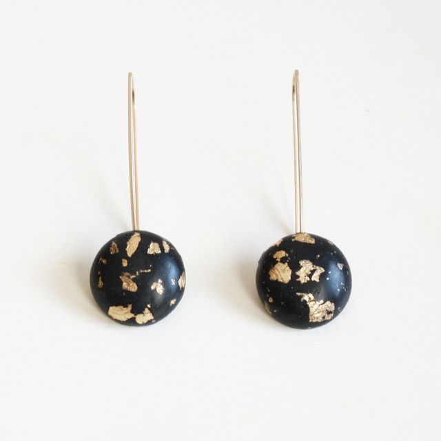 Large Black Dome Earrings with Gold Flakes