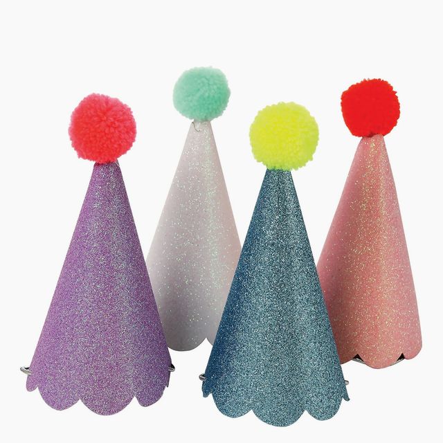Glitter Pompom Party Hats, Set of 8