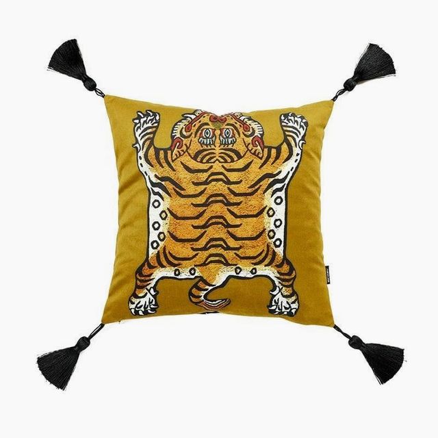 Tassel Tibetan Tiger Throw Pillow Cover - Caramel