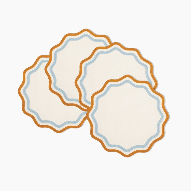 Colorblock Embroidered Linen Placemats in Blue/Amber (Set of 4)