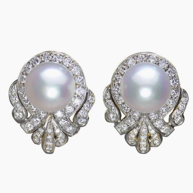 12.8 MM Pearl and 2.3 Carats Diamond Earrings by Balogh