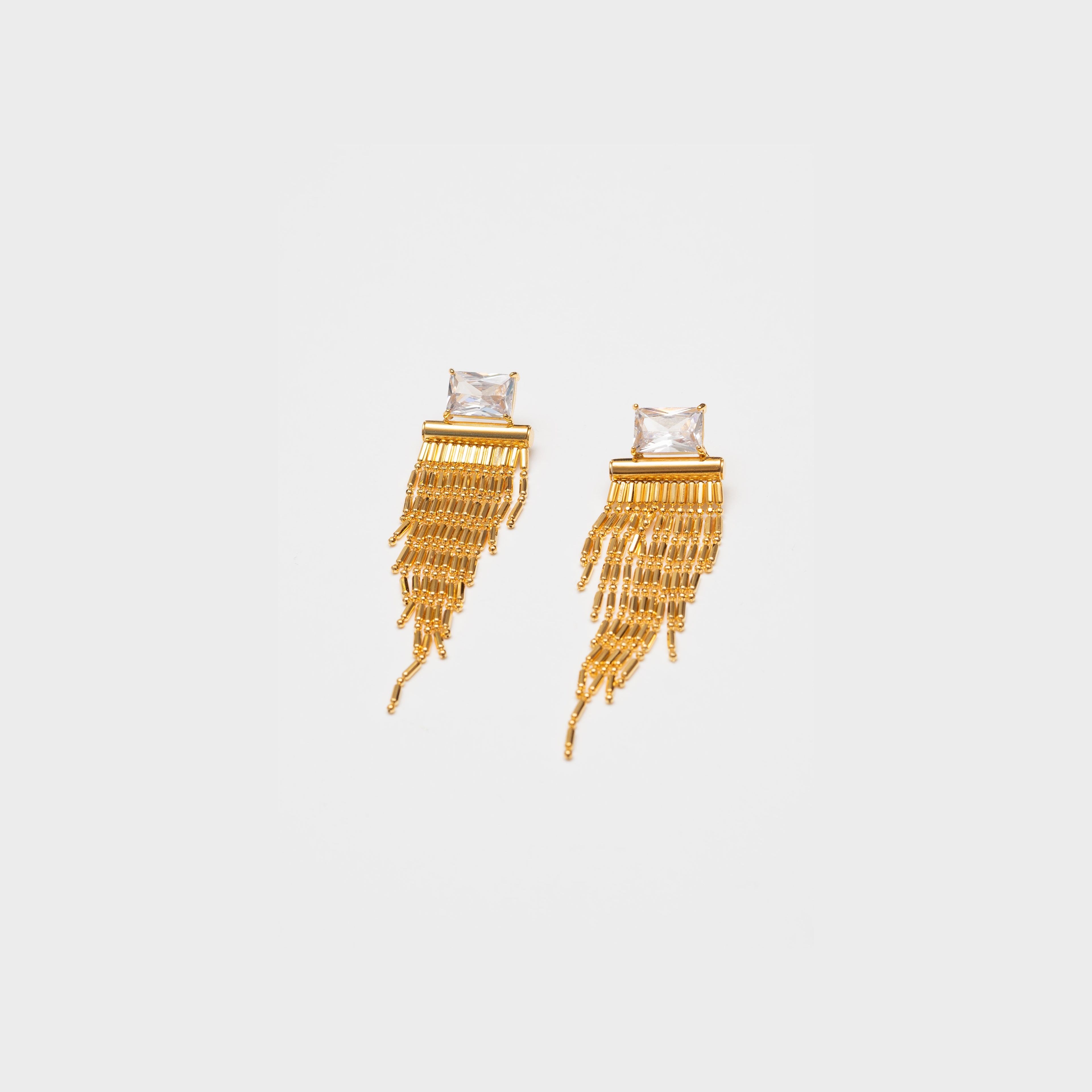 Art Deco Crystal Baguette Fringe Earrings | Crystal CZ | 18K Gold Plating