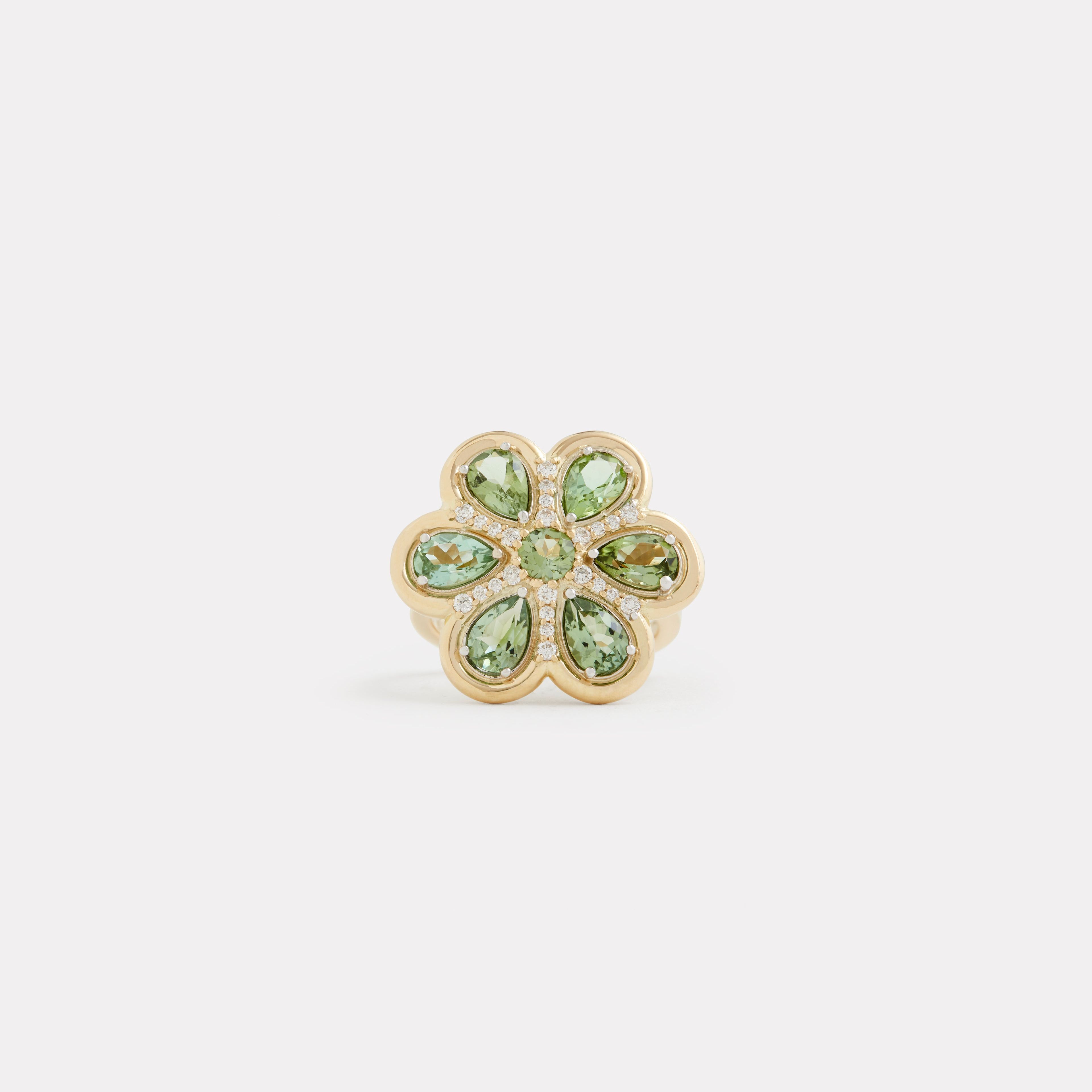Yellow Gold and White Floral Ring with Tourmaline and Diamonds