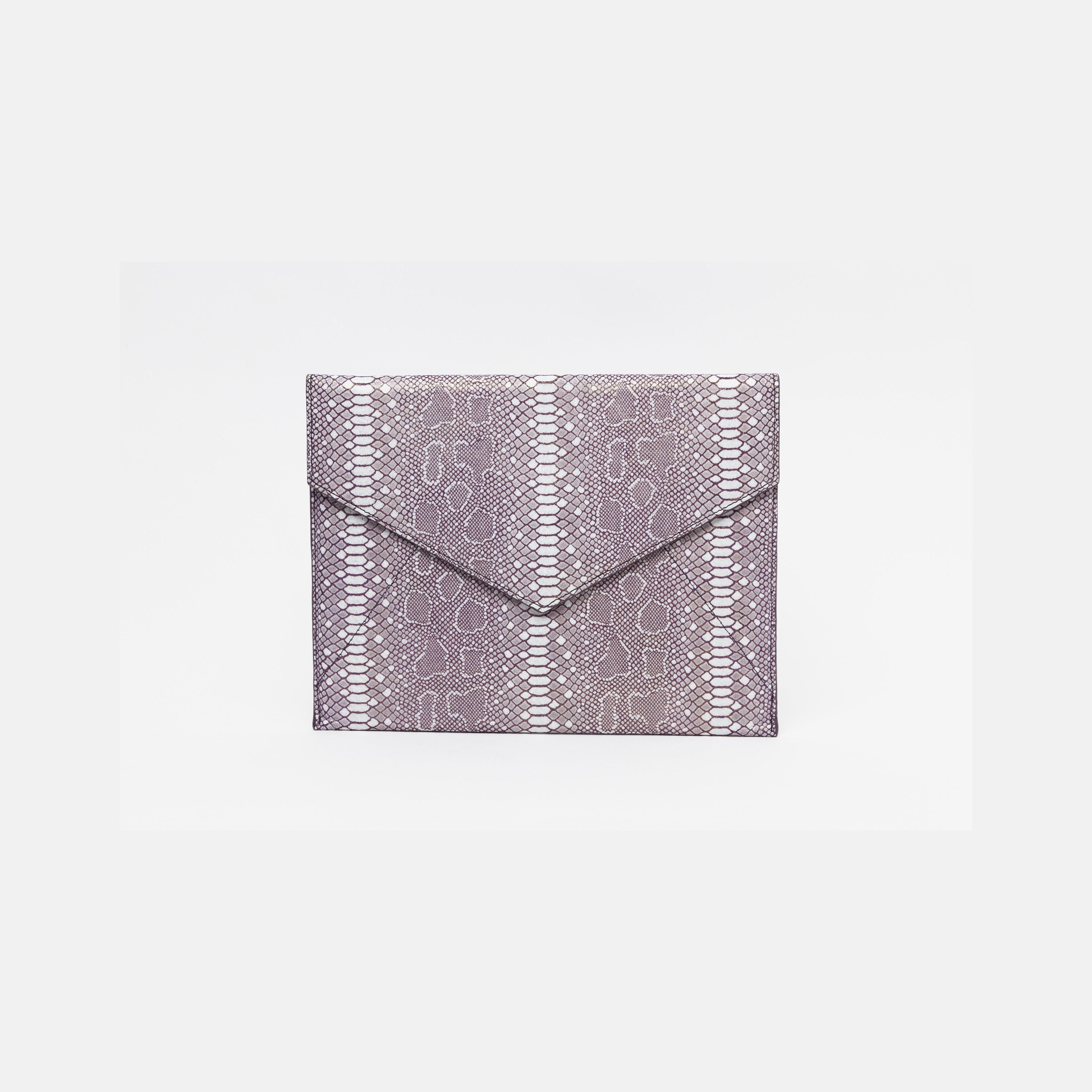 Vesper Leather Envelope Clutch/Magenta Snakeskin Embossed