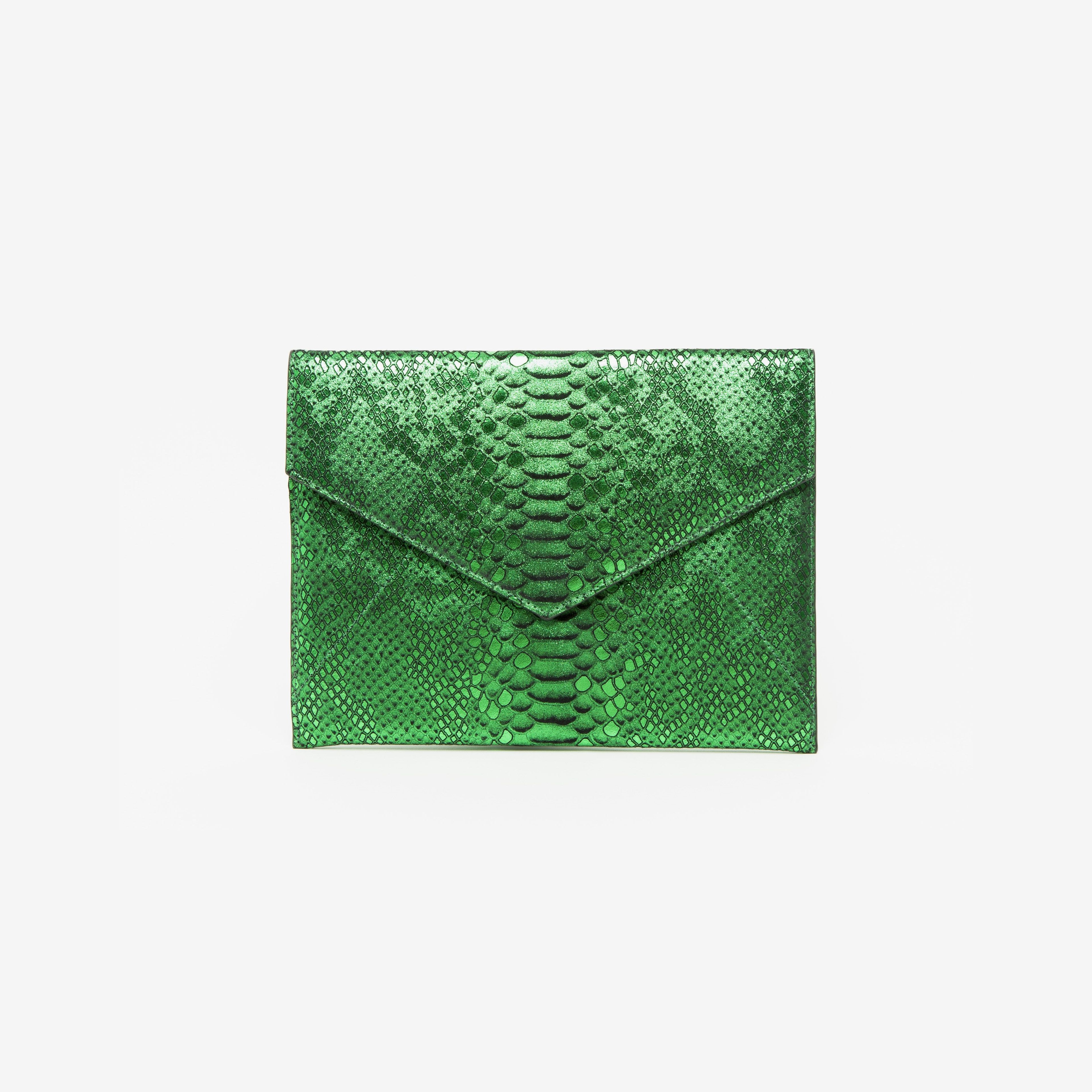 Vesper Envelope Clutch/Emerald Metallic Snakeskin Embossed
