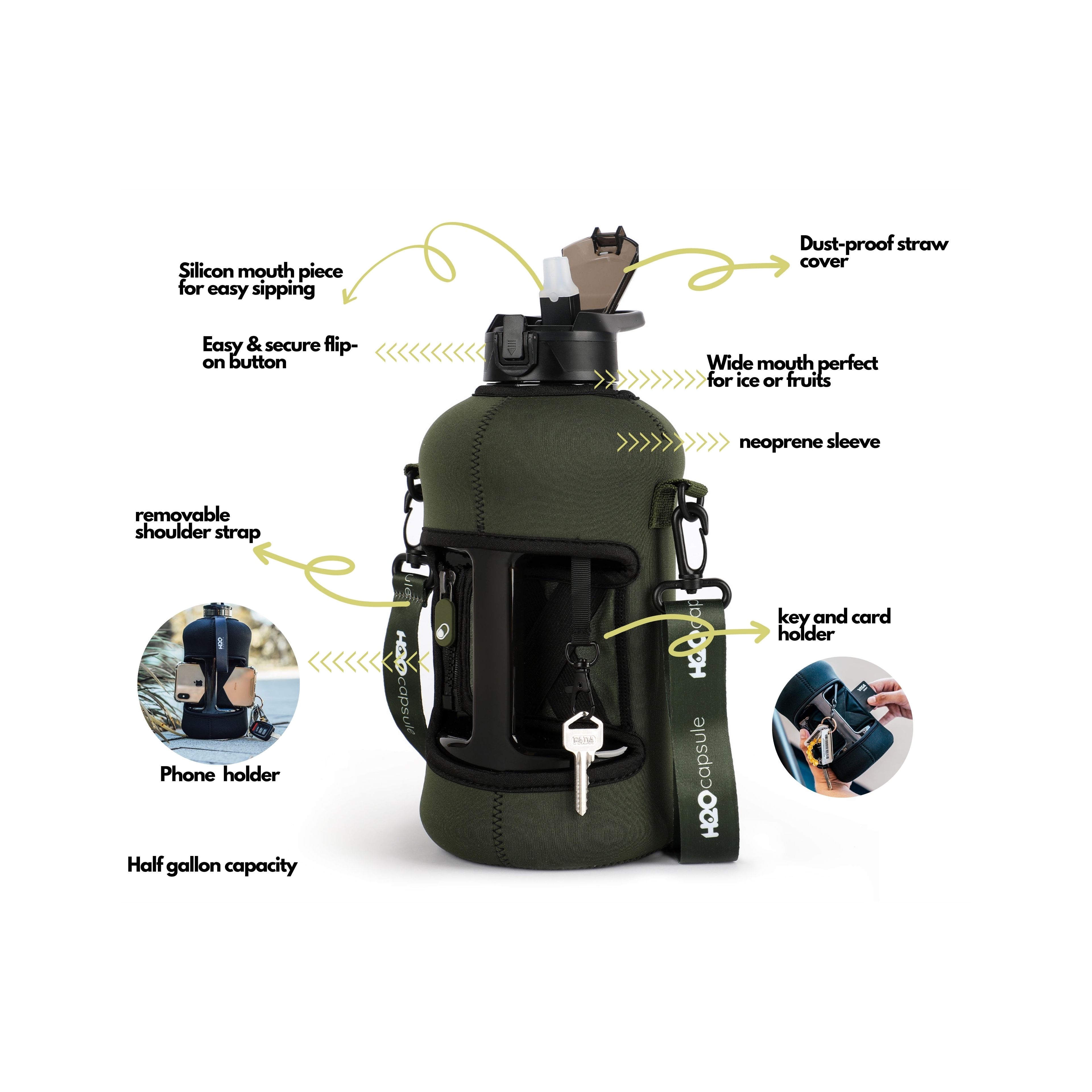 Jungle Green -Classic- H2O Capsule 2.2L Half Gallon Water Bottle with Storage Sleeve and straw lid