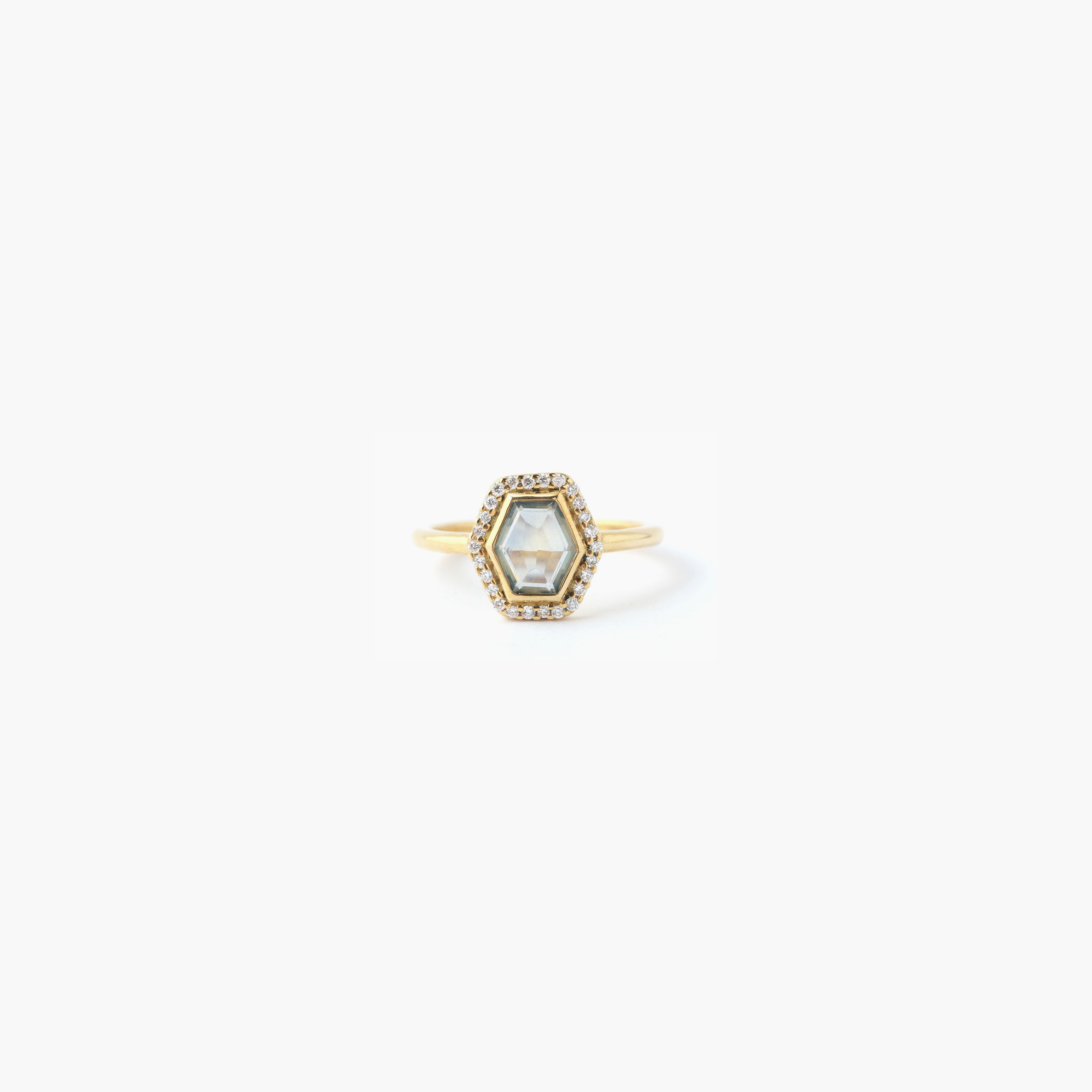 Hexagonal Montana Sapphire Halo Ring
