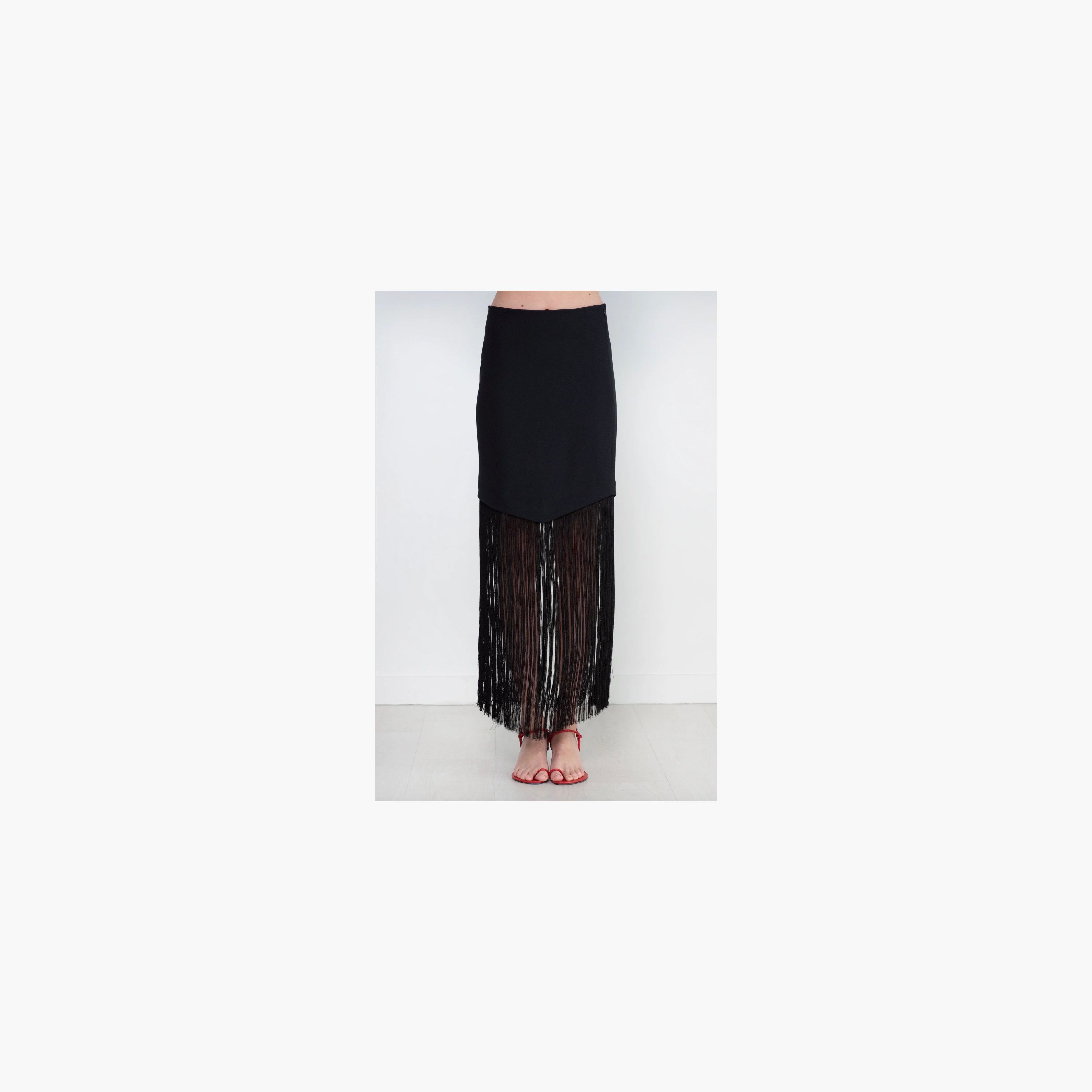 Asymmetric Hem Fringe Skirt - Black