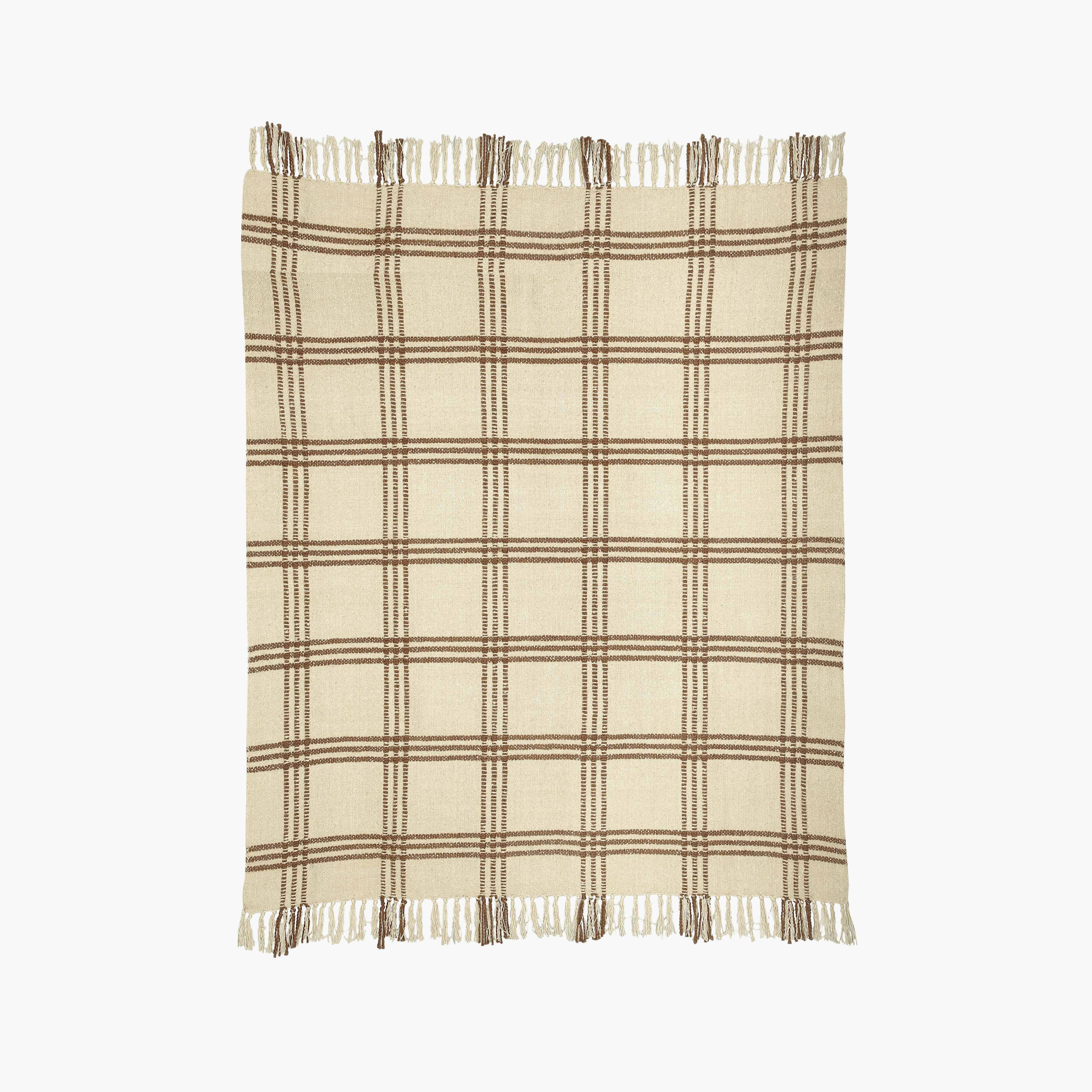 Cotton Boucle Large Checkered Pattern Throw Blanket - Brown