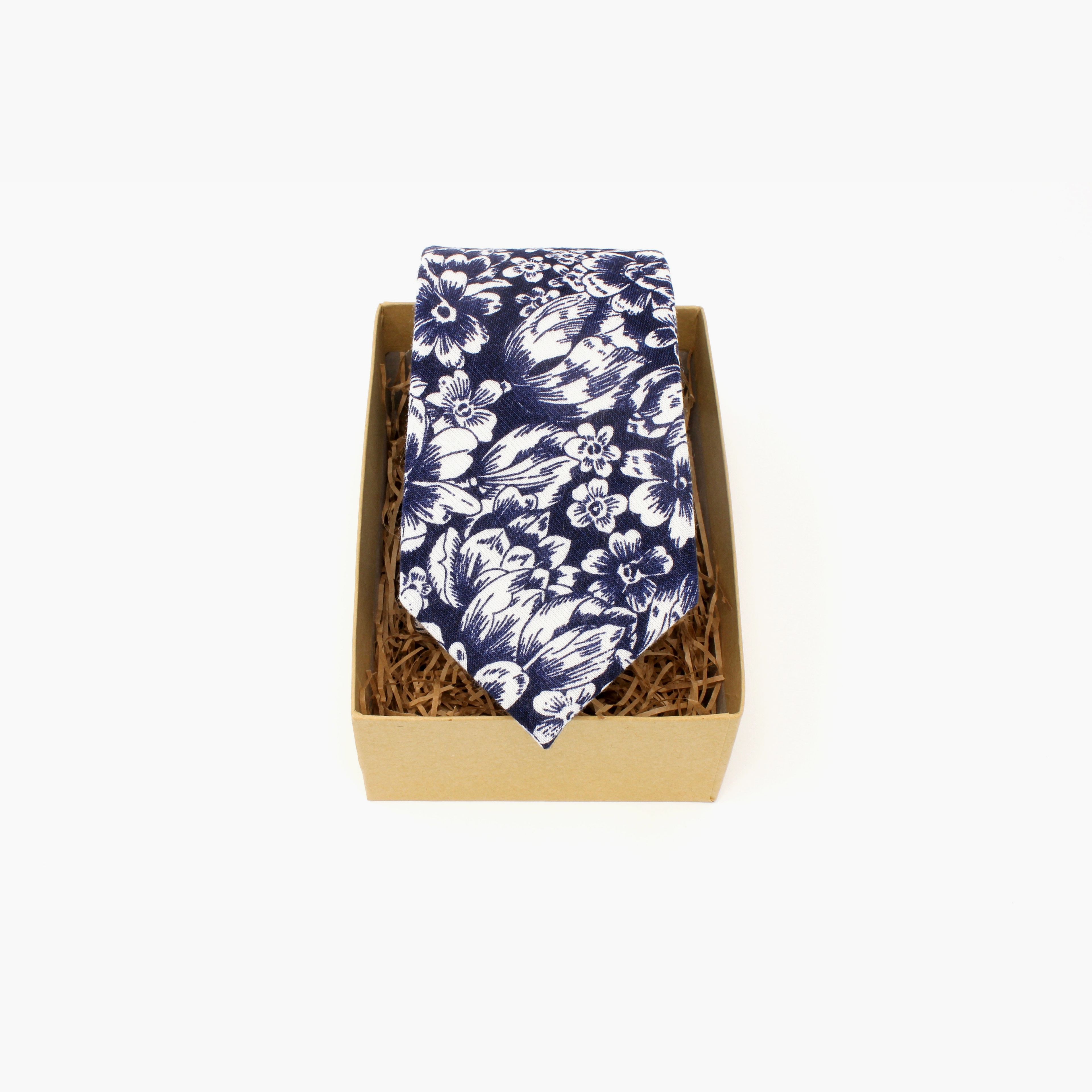 Navy and White Floral Tie