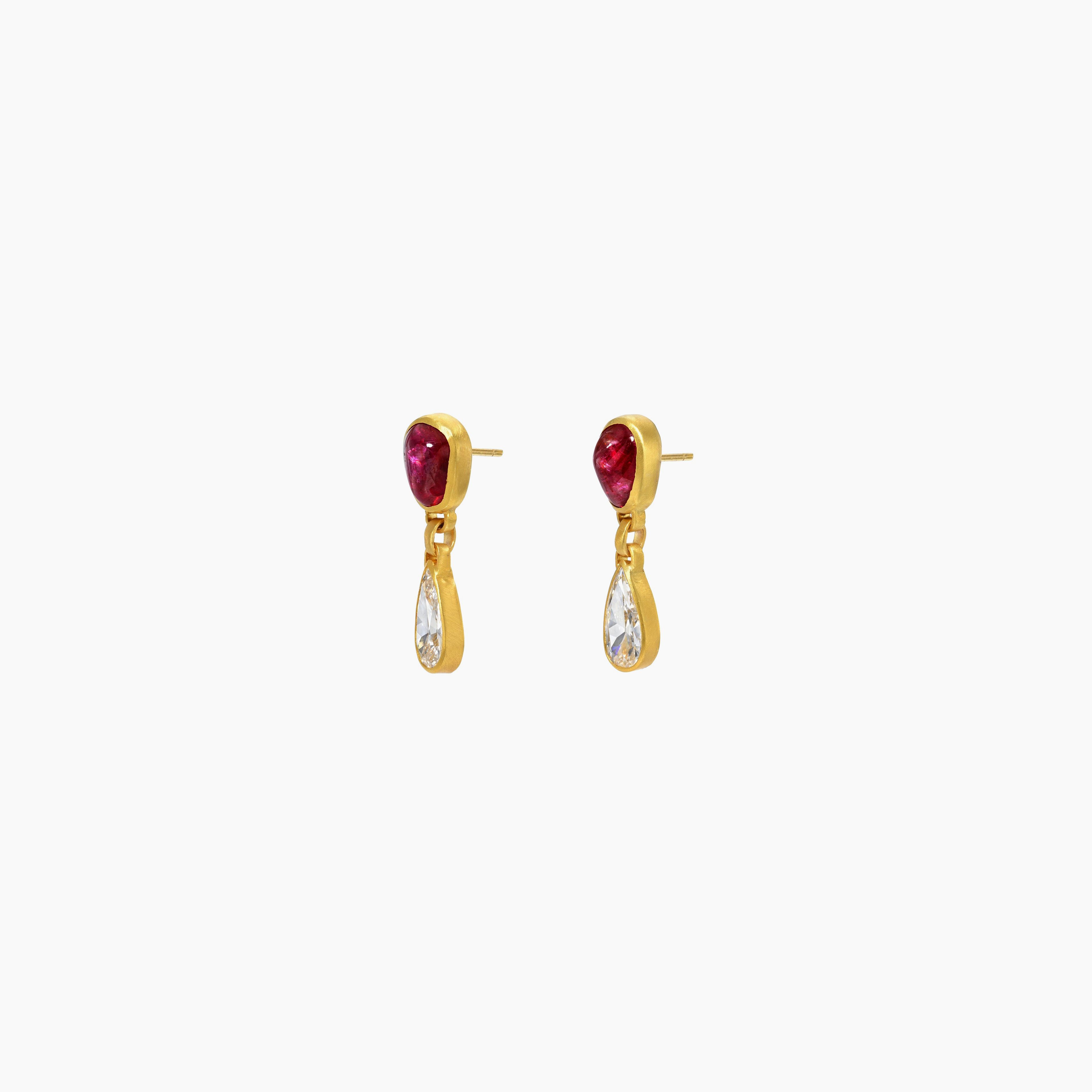 One Of A Kind Cabochon Ruby & Pear Diamond Gem Drop Earrings