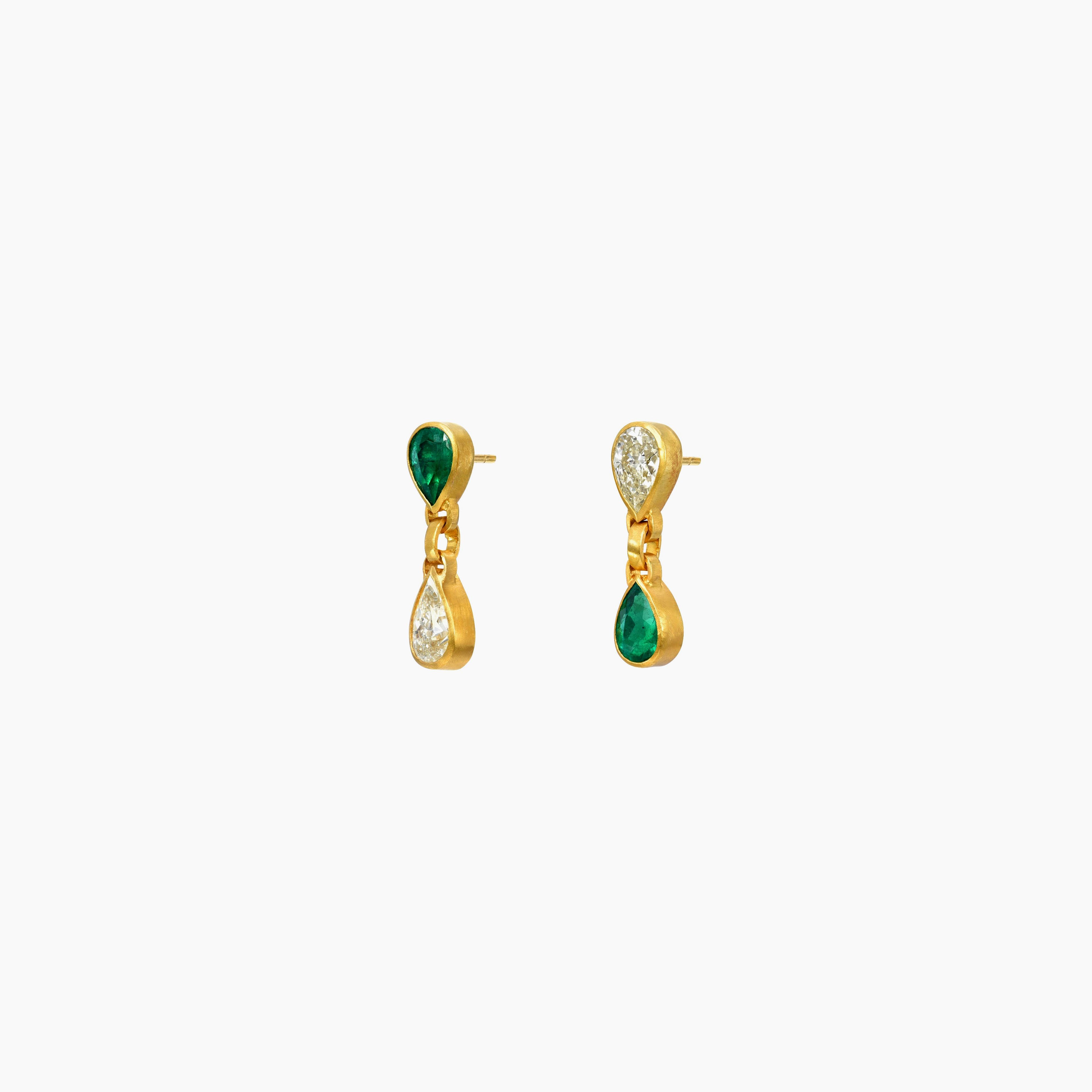 One Of A Kind Pear Emerald & Diamond Gem Drop Earrings