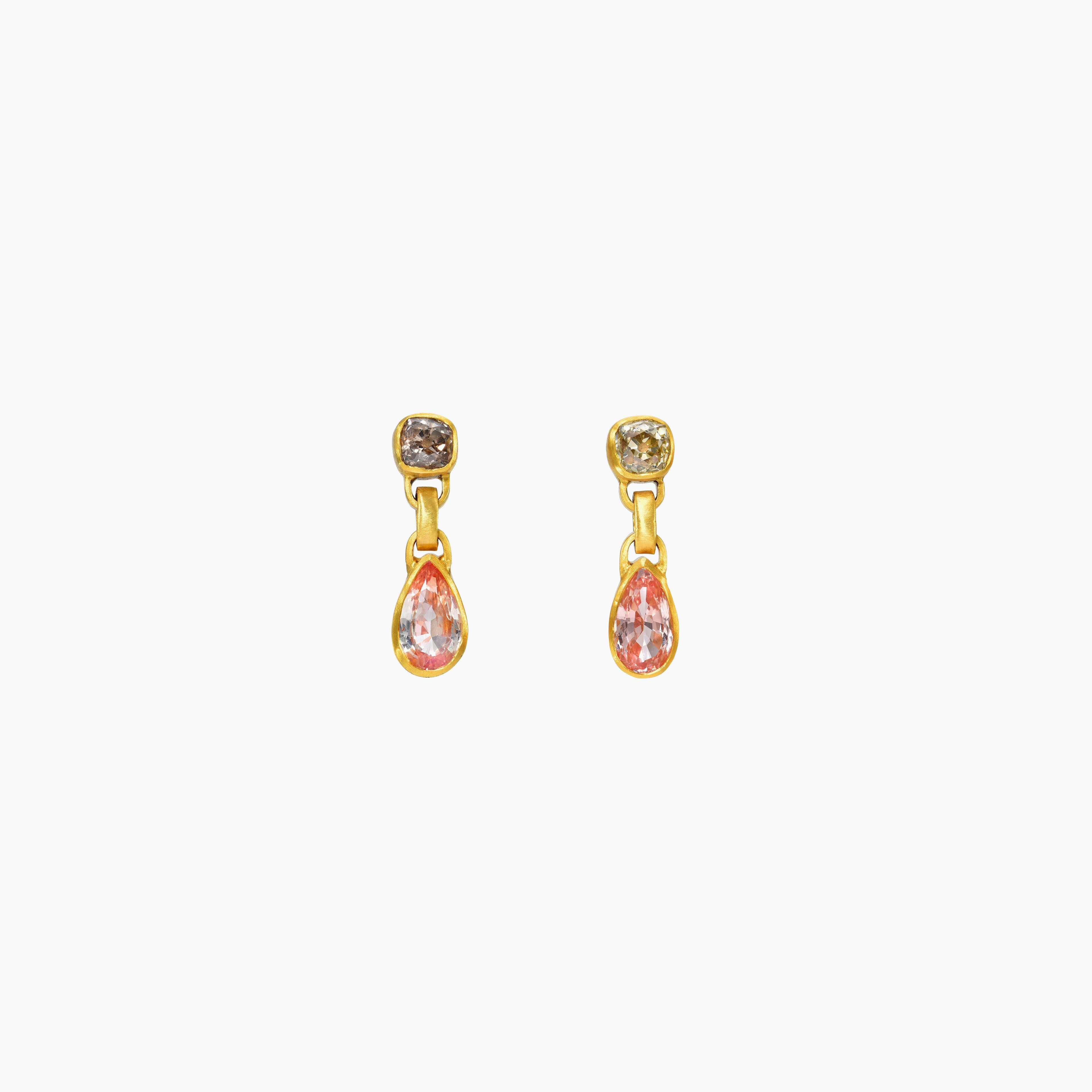 Padparadscha Sapphire & Antique Diamond Gem Drop Earrings