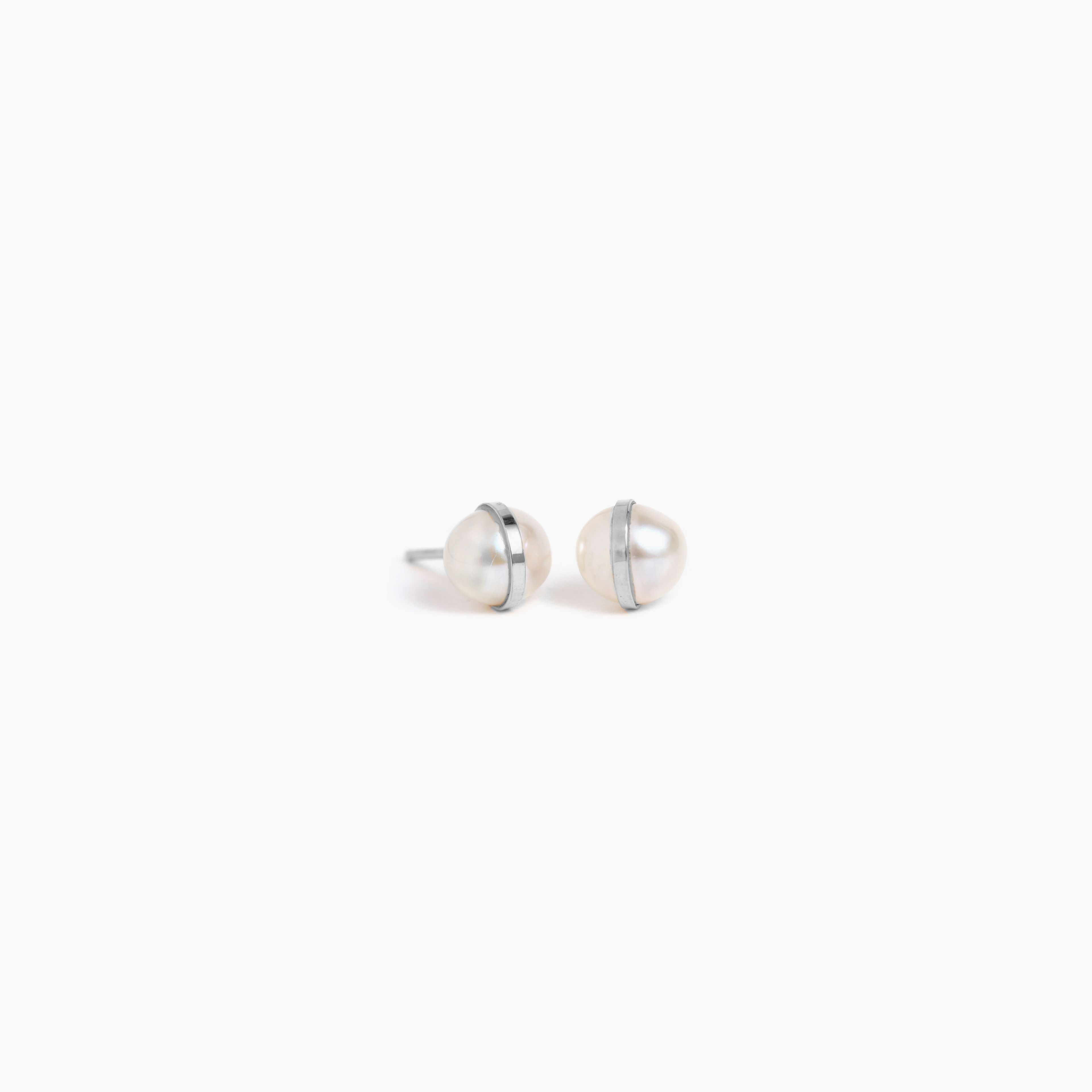 Bezel Wrapped Pearl Stud Earrings