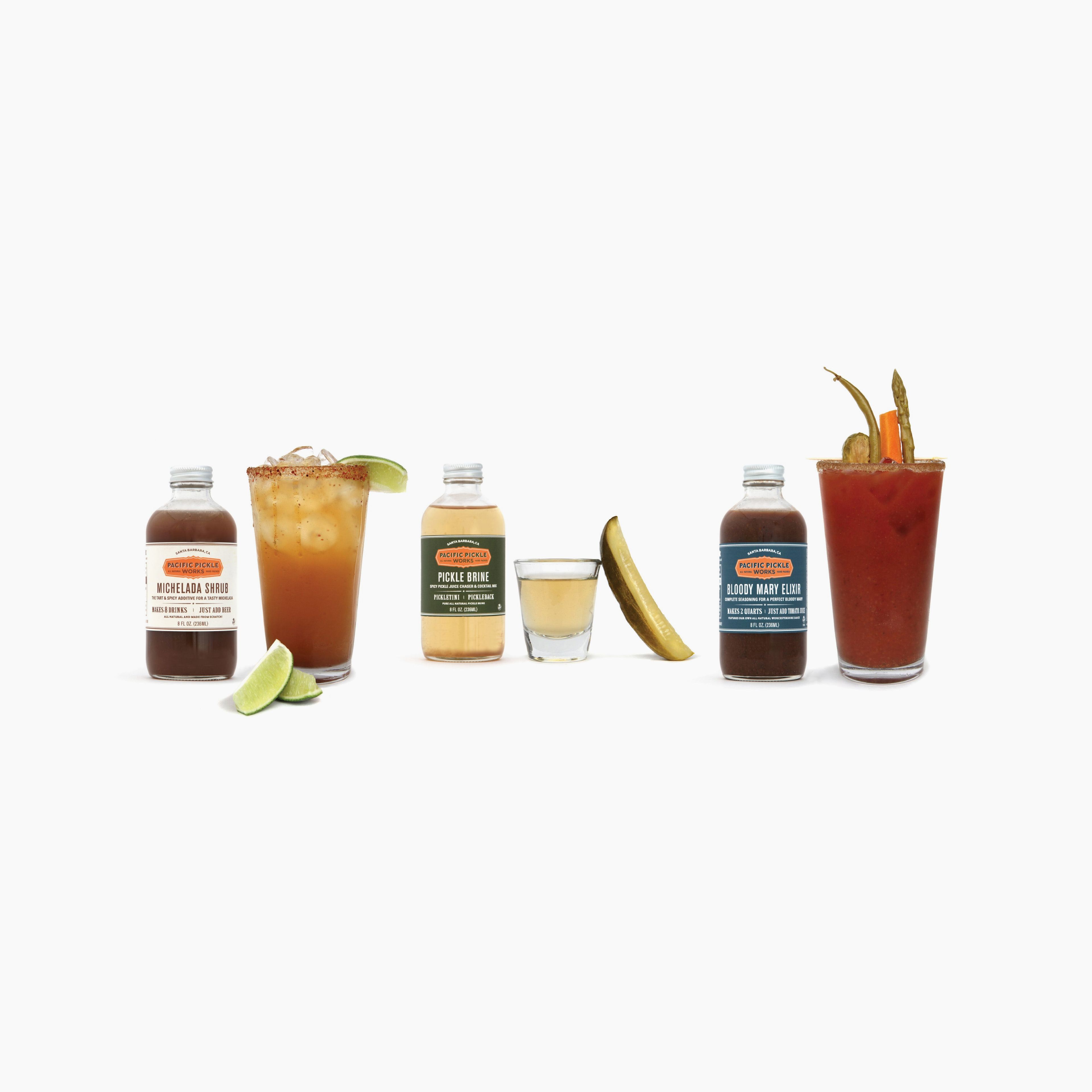 Mixed Case of Savory Cocktail Mixers, 6-pack of 16oz bottles - Bloody Mary Elixir, Michelada Shrub and Pickle Brine