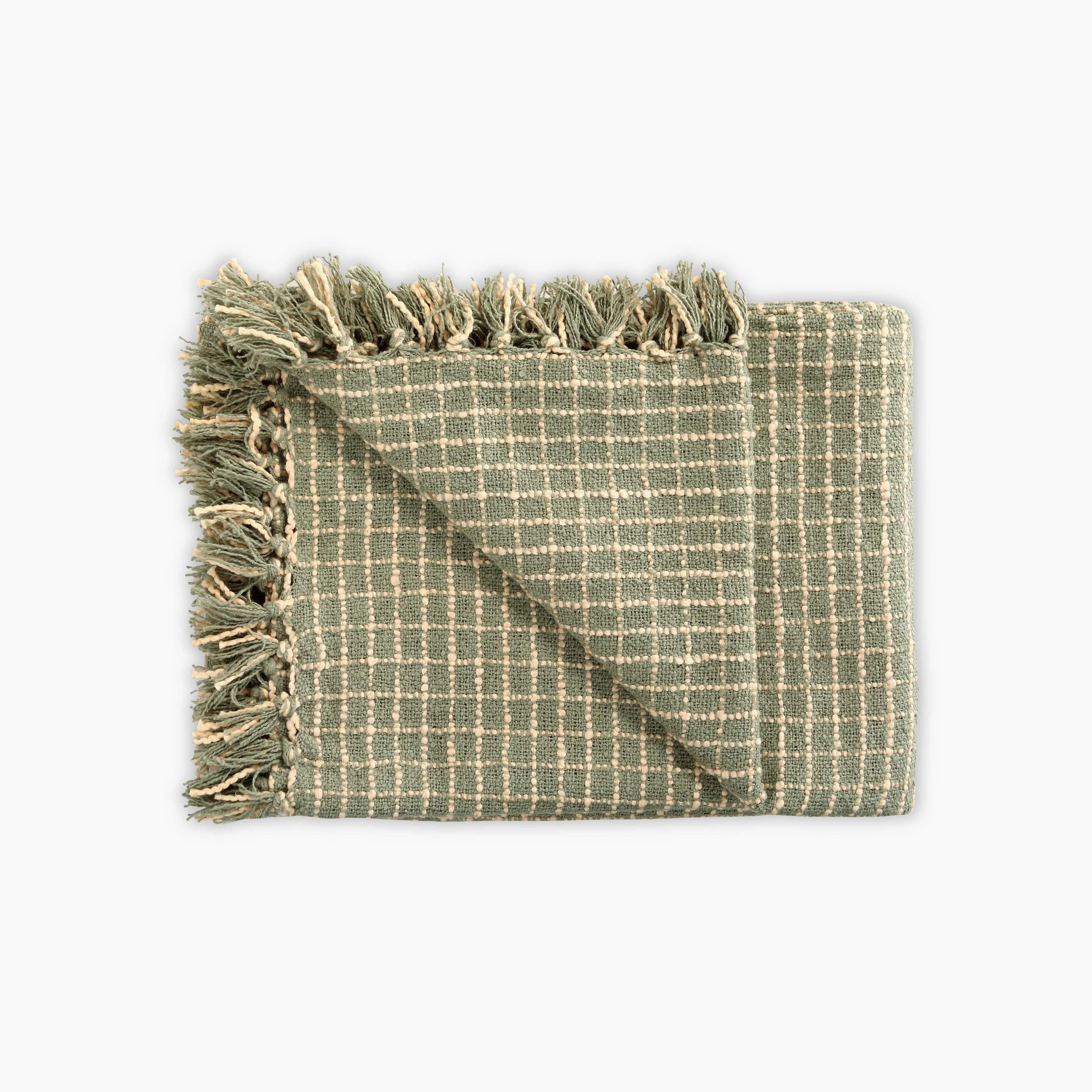 Cotton Boucle Small Checkered Throw Blanket - Sage Ivory