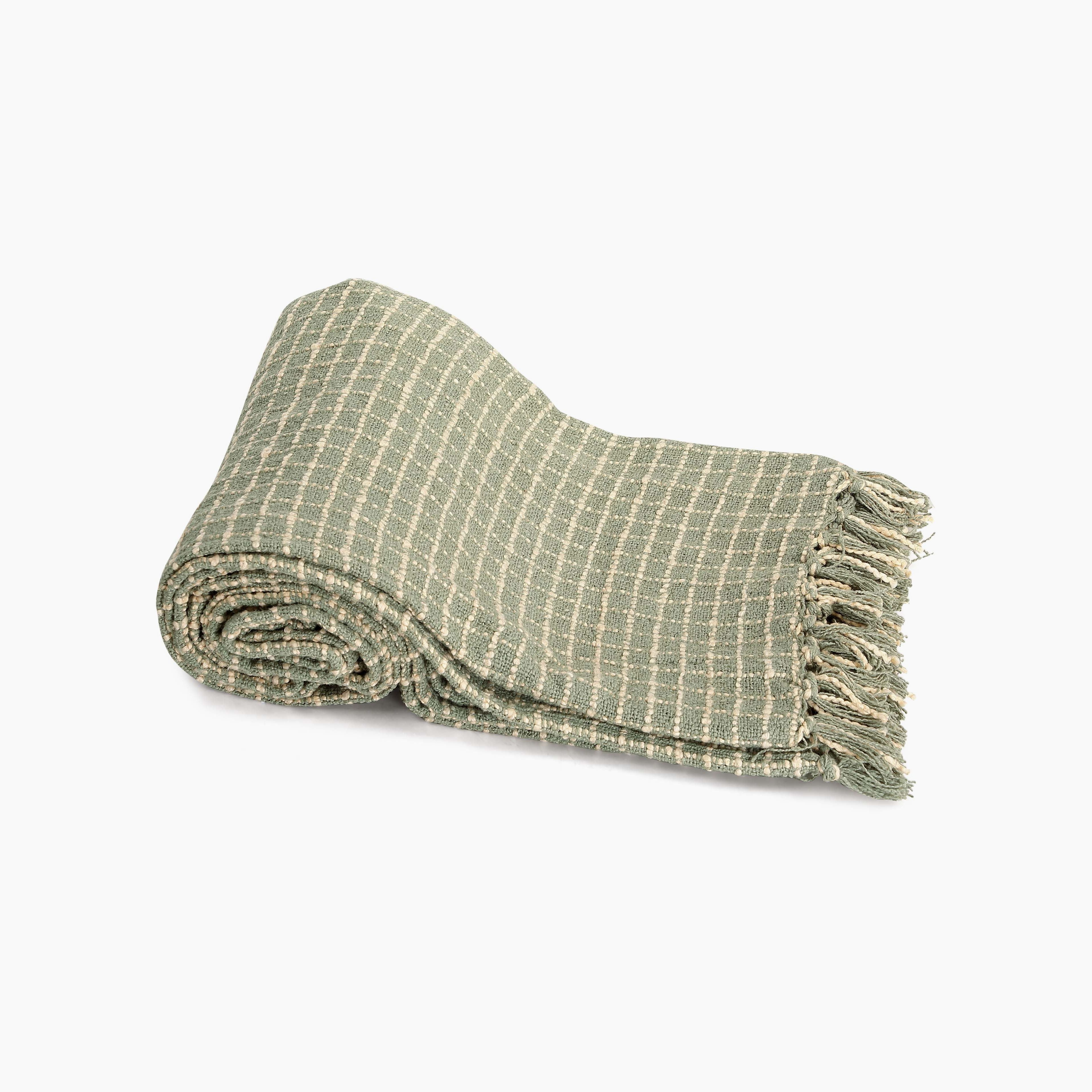 Cotton Boucle Small Checkered Throw Blanket - Sage Ivory