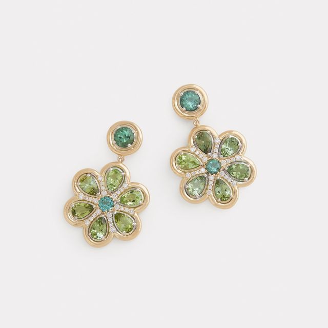 Yellow and White Gold Floral Earring with Tourmaline and Diamonds