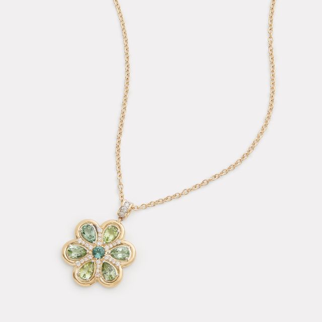 Yellow and White Gold Floral Necklace with Tourmaline and Diamonds