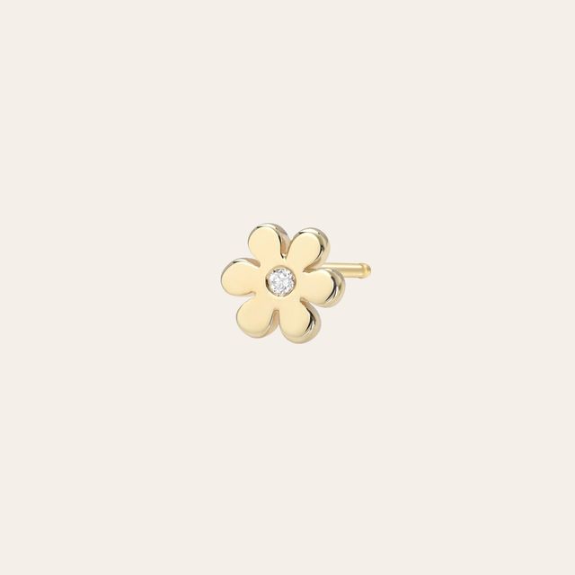 14k Gold Tiny Flower with Diamond Stud Earring
