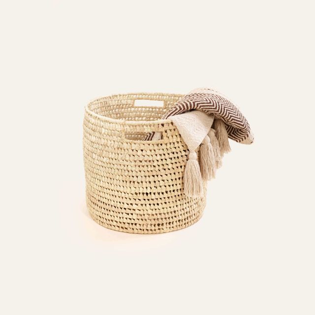 Open Weave Palm Leaf Round Floor Basket with Handles
