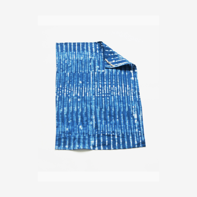 Indigo Blue Stripe Tea Towel Handprinted Batik Linen Kitchen Towel