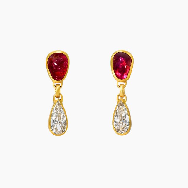 One Of A Kind Cabochon Ruby & Pear Diamond Gem Drop Earrings
