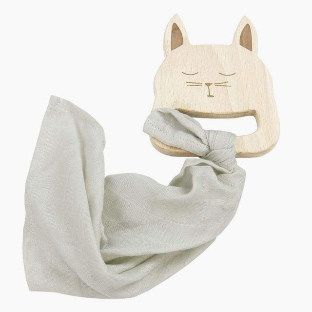 Wooden Bunny Teether with Gray Blankie