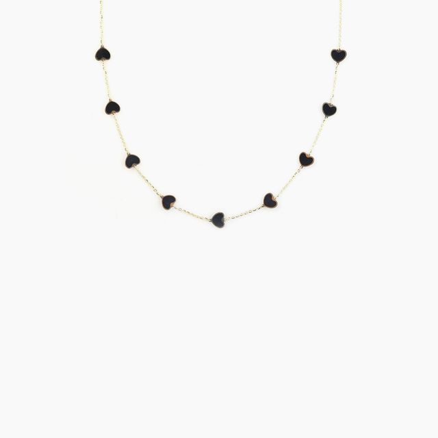 14K Gold Black Onyx Inlay Heart Station Necklace