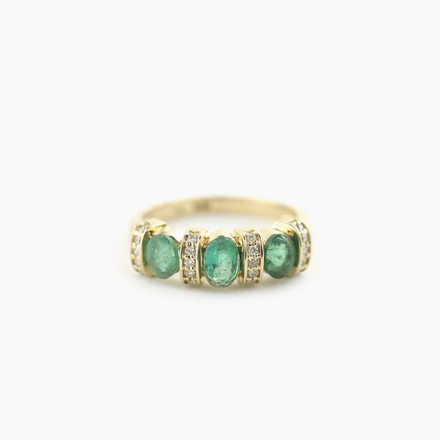 14K Gold Retro Oval Emerald Diamond Ring